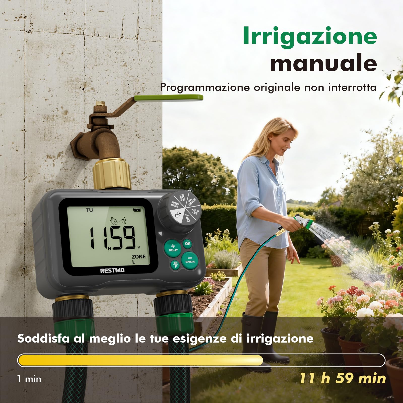 RESTMO Computer di Irrigazione a 2 Zona con Chip RF e Telecomando | Automatico/Manuale/Ritardo della Pioggia, Timer di Irrigazione, Per Tubo da Giardino, Rubinetto dell'Acqua Esterno, Prato