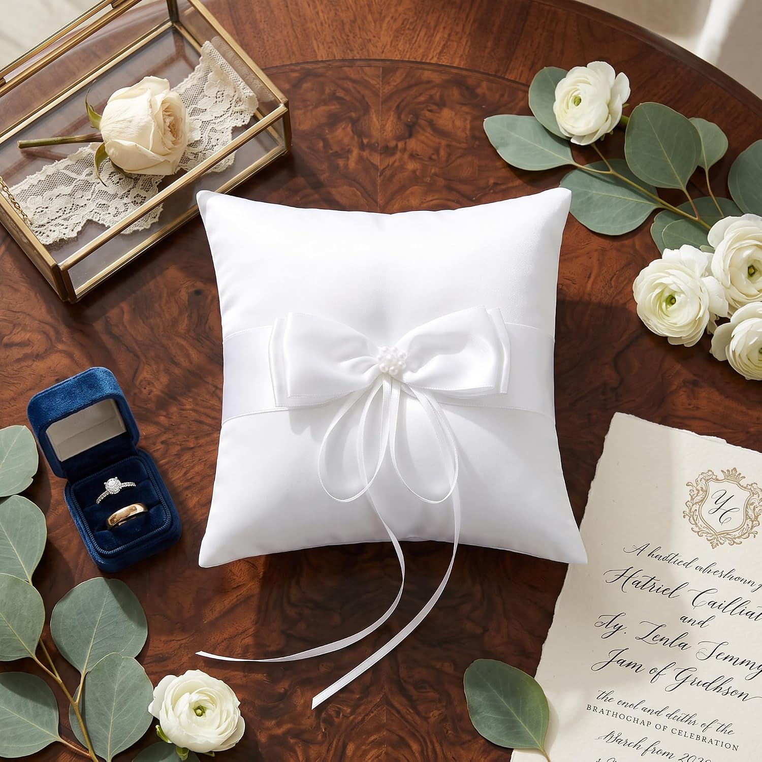White Wedding Ring Pillow with Ribbon Bowknot Wedding Ring Bearer Pillows (15 * 15cm)