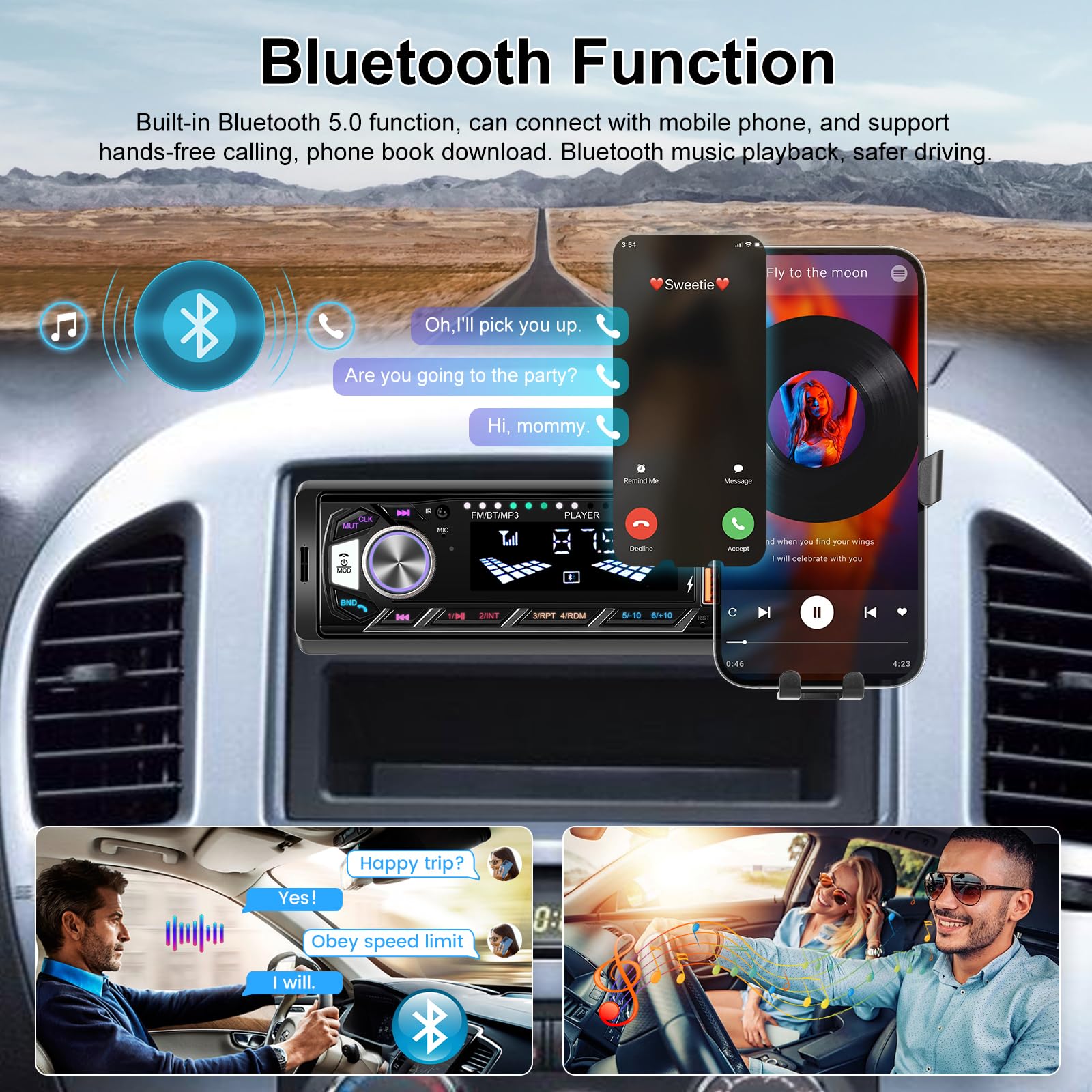 1 DIN Radio de Coche con Bluetooth - Bluetooth Radio de Coche con Soporte para Teléfono Móvil - Llamadas Manos Libres, Radio FM, Puerto USB/TF/AUX, Retroiluminación de Colores