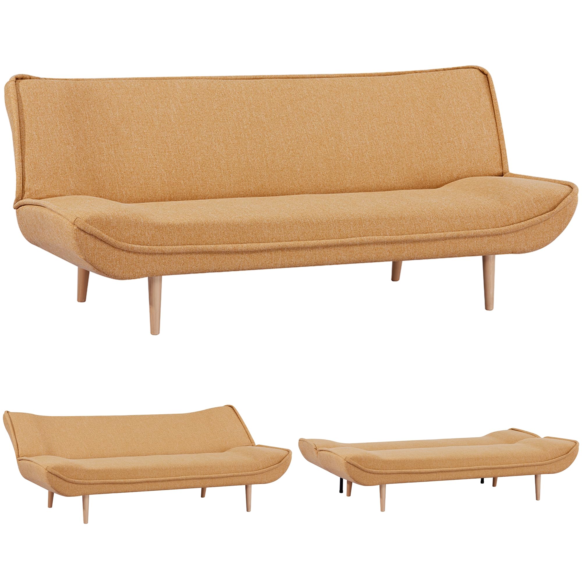 EVERGREENWEB Divano Letto 3 Posti Clic Clac in Tessuto Imbottito color Giallo, Design Moderno, Schienale Reclinabile, Regolabile su 3 Livelli, Trasformabile in Comodo Letto, Gambe in Legno | SOFLA
