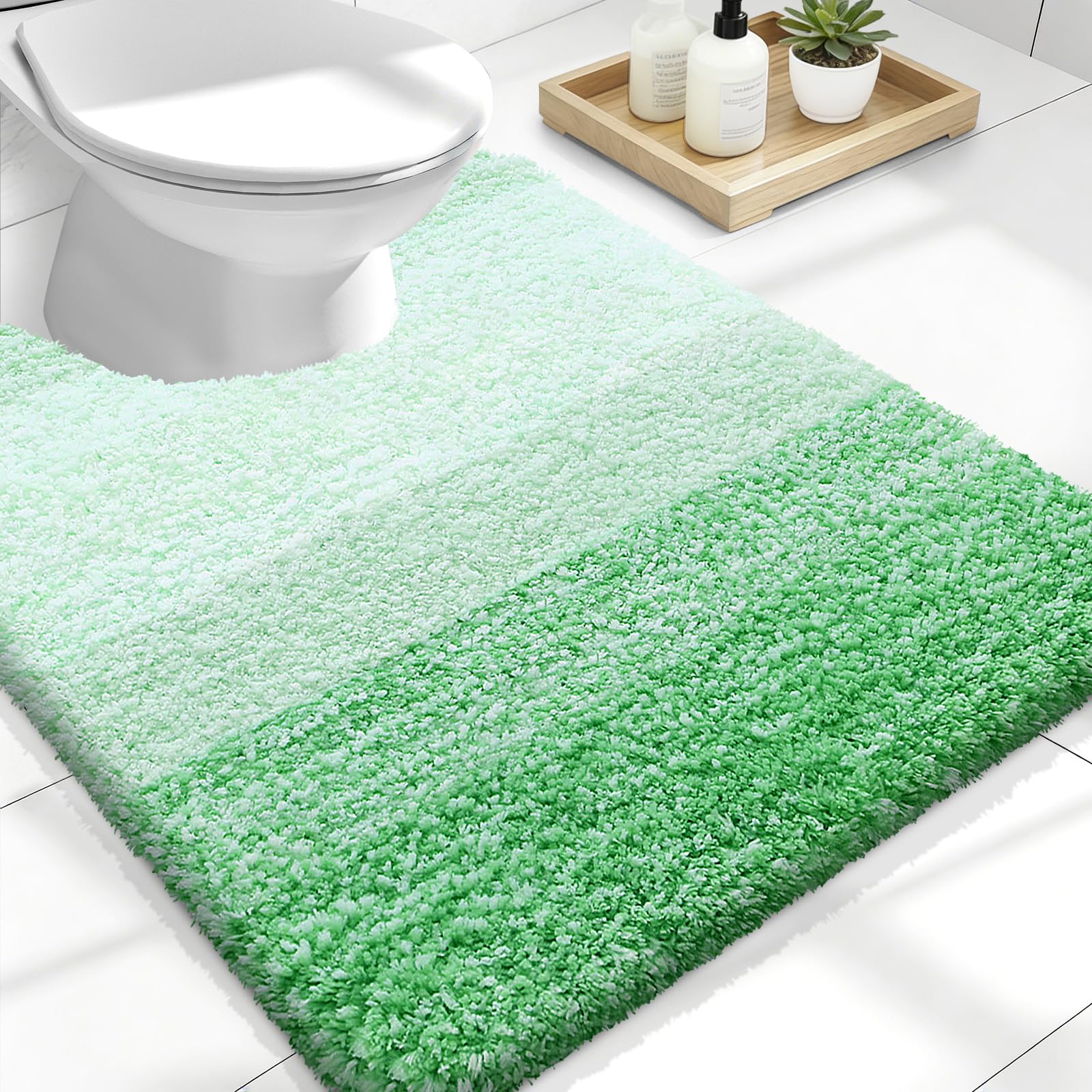 OLANLY Luxury Toilet Rugs U-Shaped 24x20, Soft Absorbent Microfiber Mat | Green, Non-Slip Quick-Drying Rubber Backing, Machine Washable Plush Contour Bath Mat for Toilet Base, Home Decor Accessories