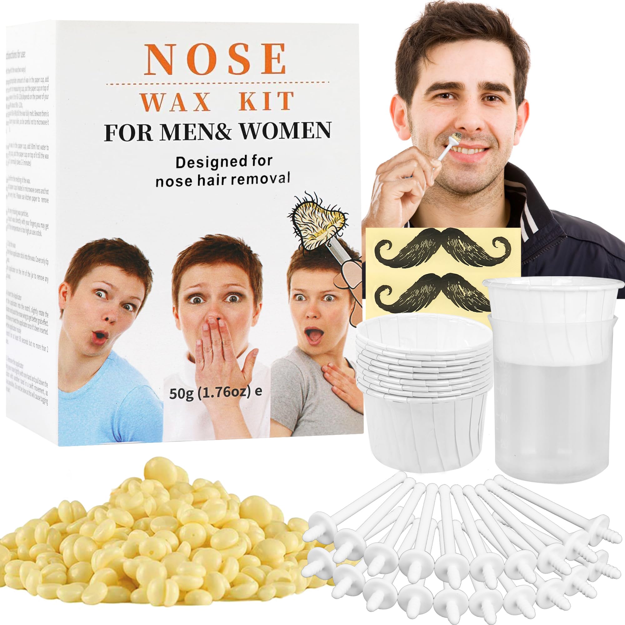 Nose Wax Kit from CoFashion - 50g Wax for Hair Removal, 20 Applicators (Up to 20 Uses), 10 Paper Cups for Nose and Ear Waxing