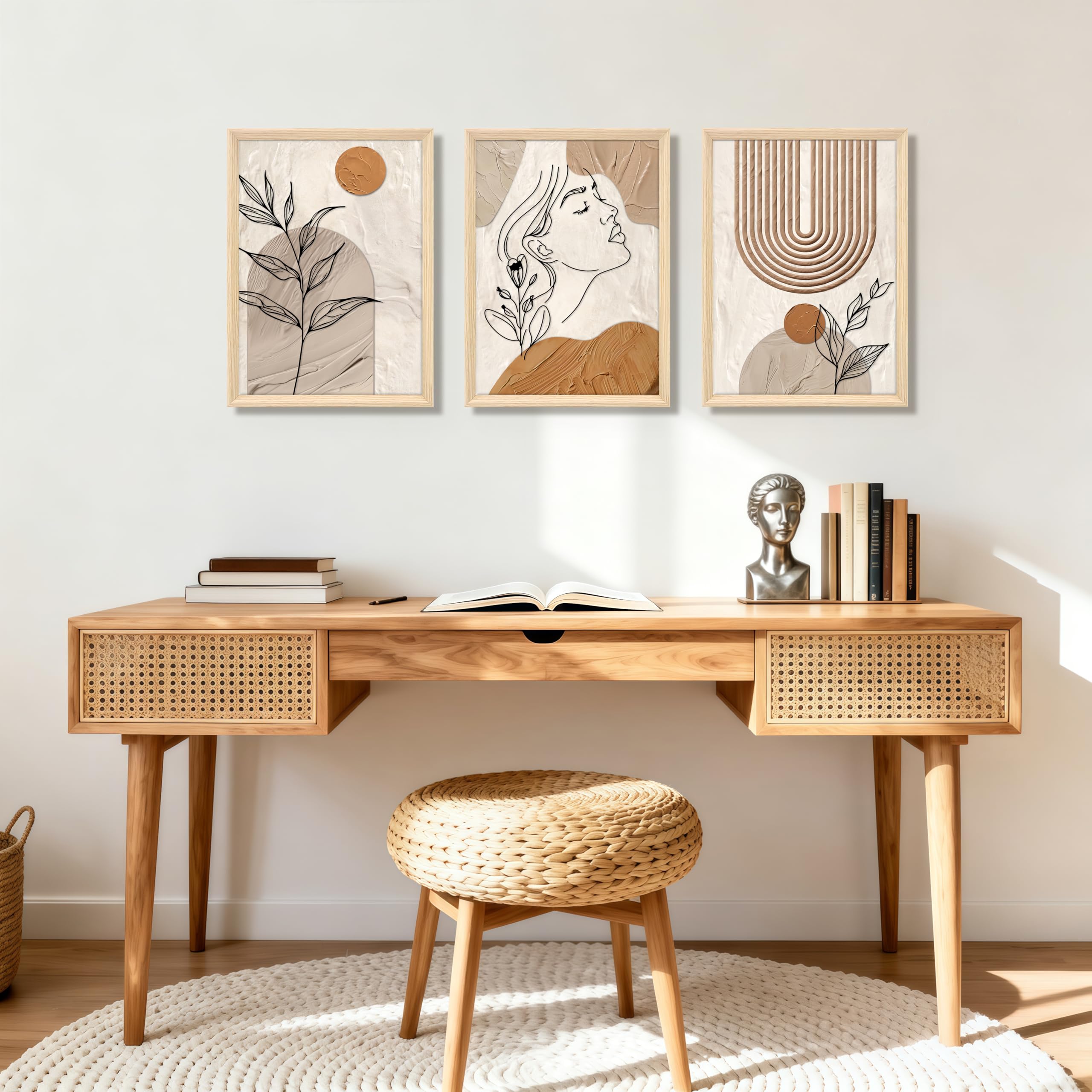 3 Pcs Wooden Framed Canvas Wall Art Set Bohemian Sage Green Canvas Prints Poster Geometric Line Beige Green Pictures for Living Room Bedroom Dinning Room Hallway Stairs Wall Decor 30x40cm x3pcs — view 514