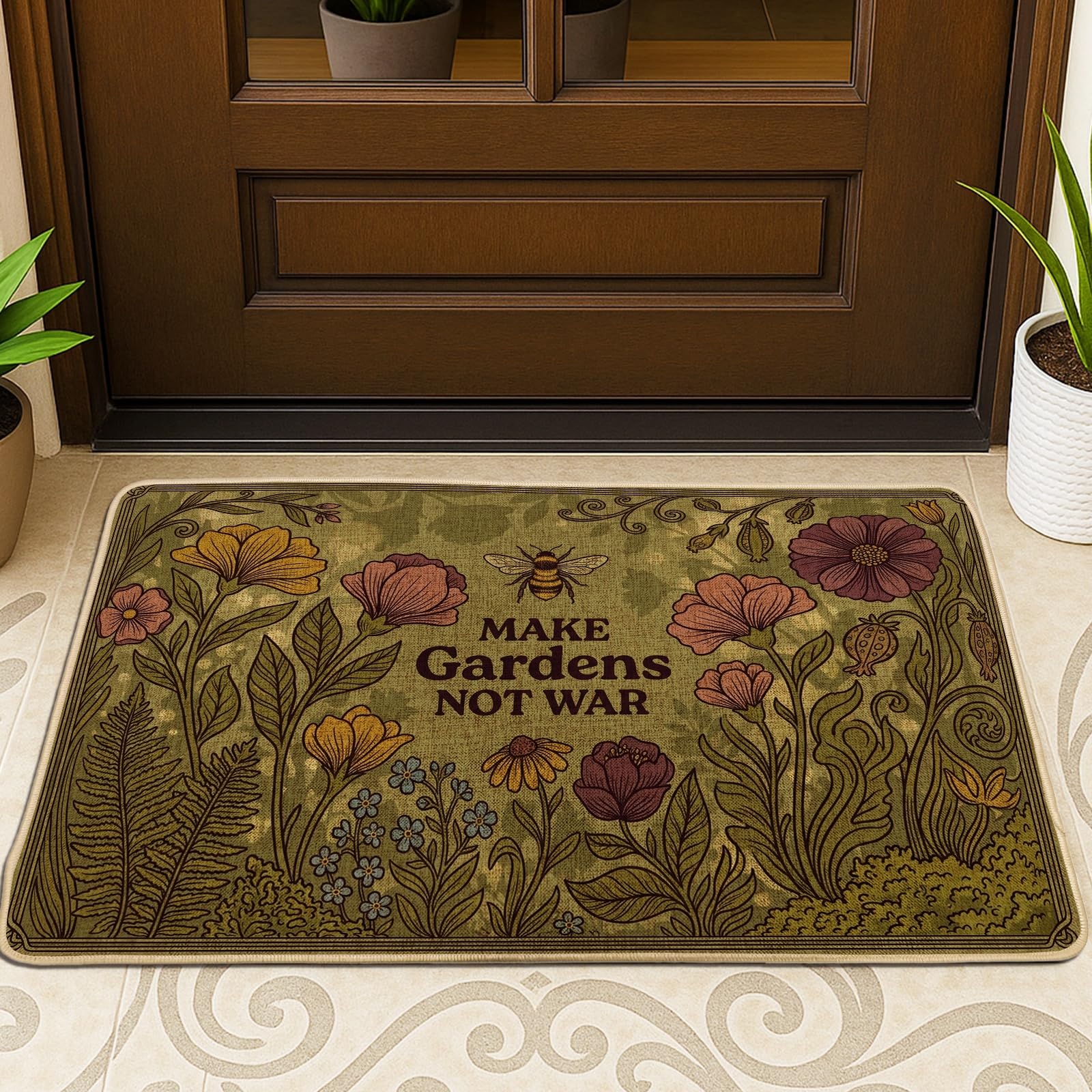 Tapis de porte extérieur intérieur vert motif botanique fleurs abeille 73,6x43,2 cm