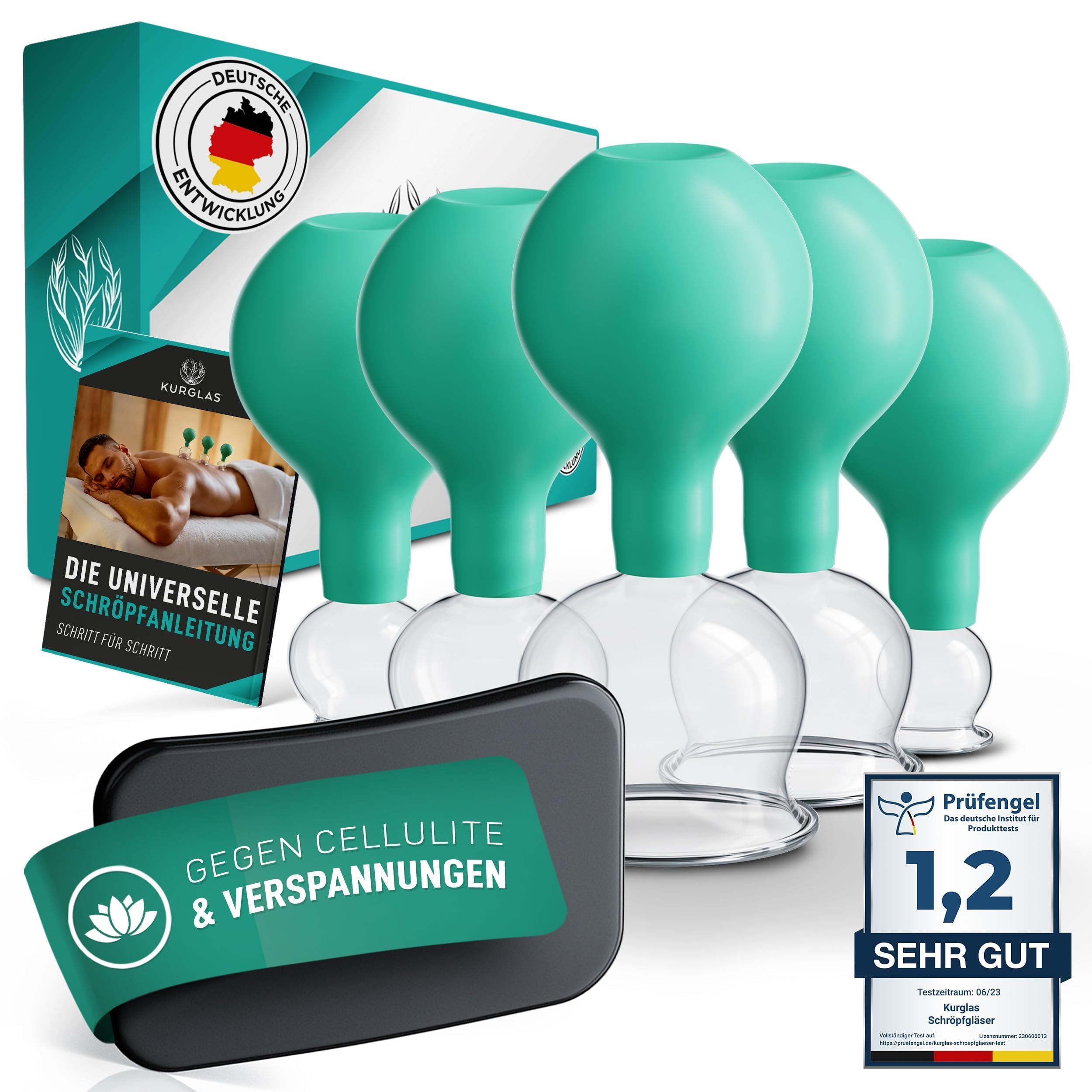 KURGLAS [Das Original] Schröpfgläser aus Echtglas [5 Stück] - Medizinische Schröpfen mit Saugball & Faszienschaber - mit starker Saugleistung - Schröpfset mit e-Book - Gegen Verspannungen & Cellulite