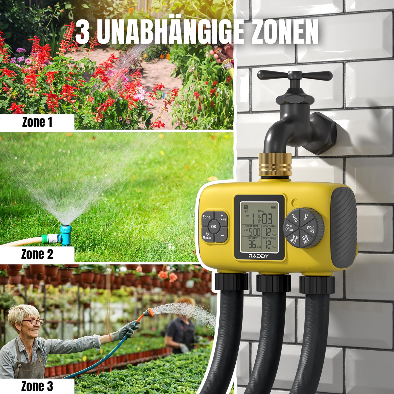 Raddy WS-8 Bewässerungscomputer 3 Ausgänge, Automatische Bewässerung Zeitschaltuhr mit manueller Bewässerung, Regenverzögerung, großes LCD-Display, IPX5 wasserdicht für Gartenhöfe, Gelb
