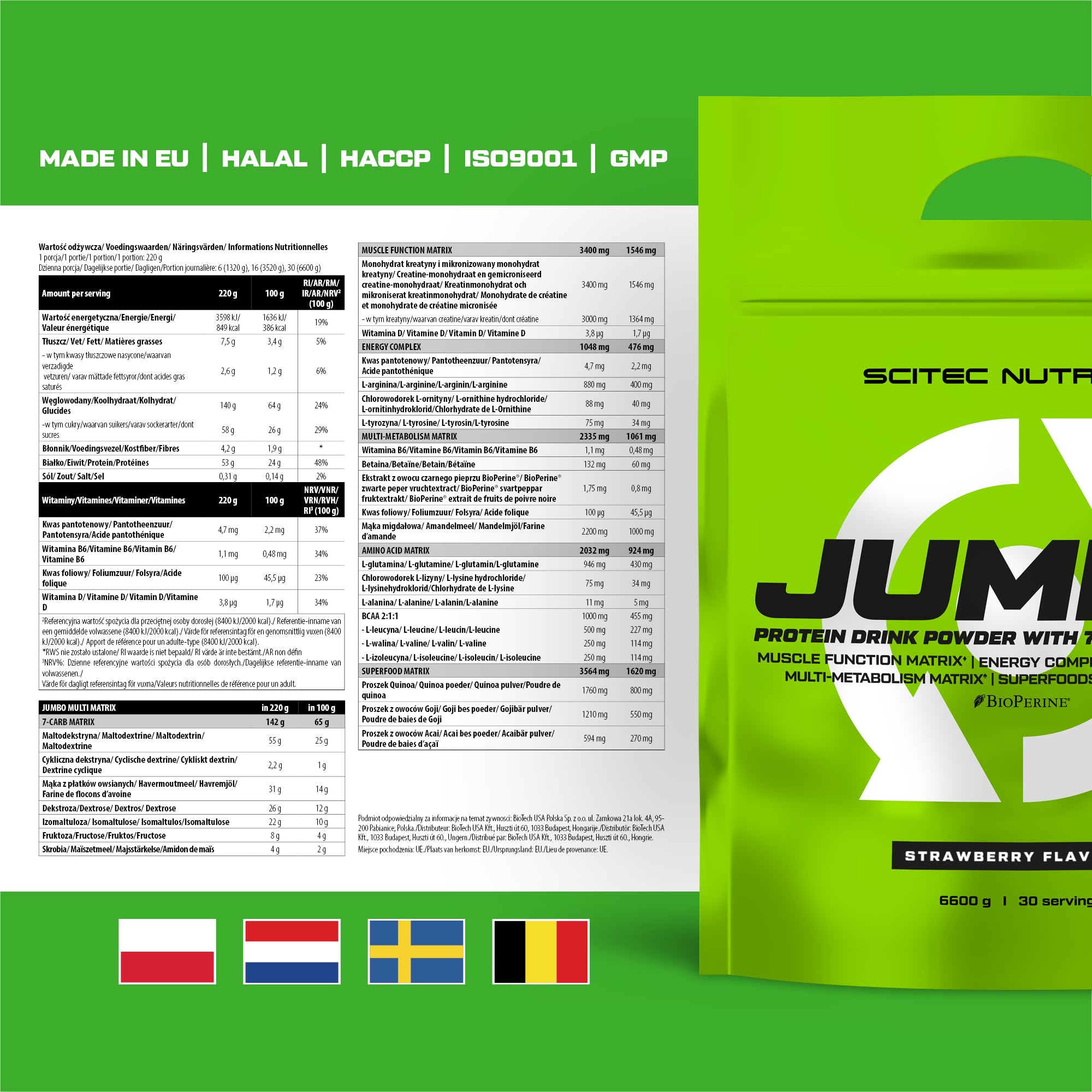 Scitec Nutrition Jumbo - wysokokaloryczny gainer na masę - z wieloskładnikowym białkiem - matrycą aminokwasów - matrycą metaboliczną - mieszanką superżywności, 6,6 kg, Truskawkowy