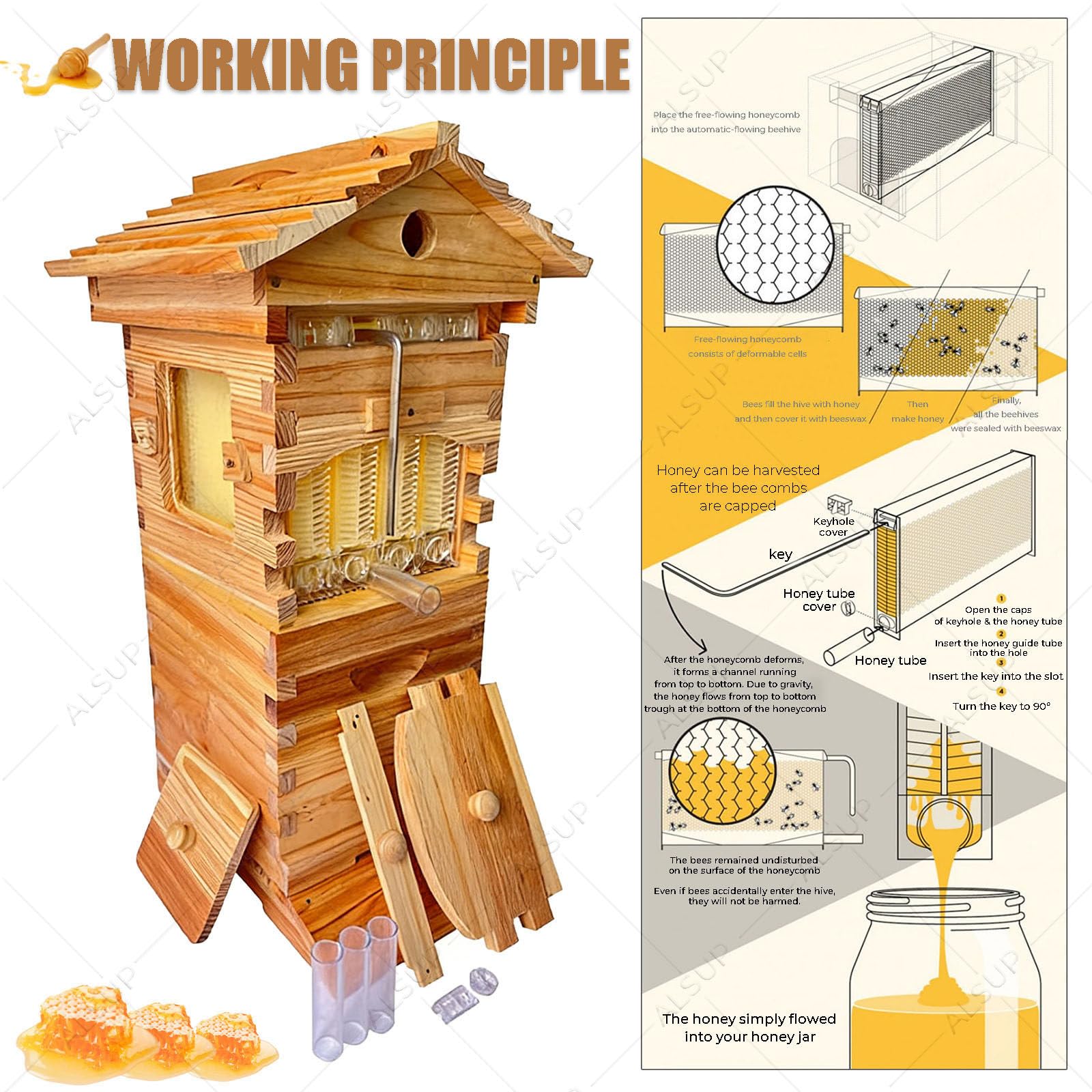 Kit de Inicio de Colmena de Abejas Autofluyente, Caja de Madera para Apicultura con Ventana de Observación, Marcos Automáticos y Boquilla de Miel para Jardín