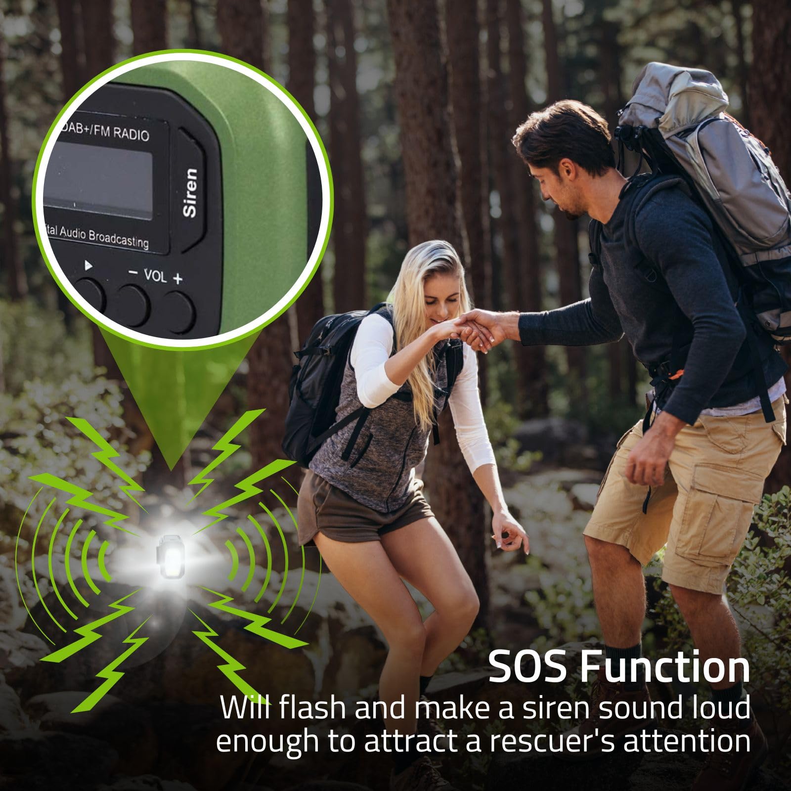Notfallradio - Tragbare Ausführung - DAB+ / FM - Batteriebetrieben/Handkurbel/Solar Powered/Stromversorgung über USB - Wecker - Grün/Schwarz