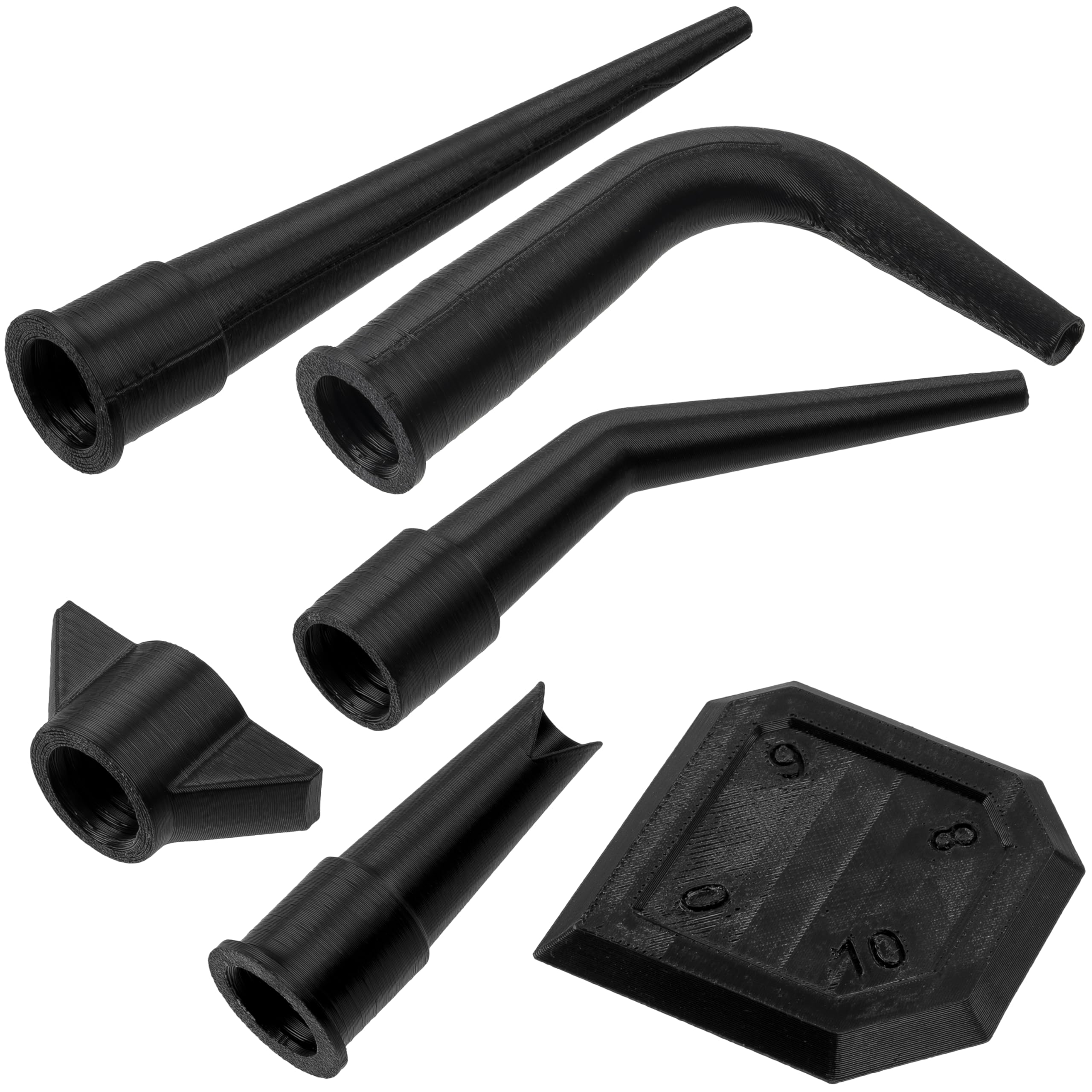 AERZETIX - Kit di 4 beccucci (2 dritti, 1 a 140°, 1 a 90°) per cartuccia di silicone + 1 spatola per lisciare le giunzioni + 1 tappo | in plastica nera