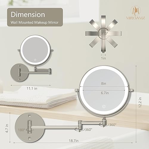 Miniatura 6 de Espejo de tocador de maquillaje iluminado para montaje en la pared, recargable de 8 pulgadas, doble cara, 1 espejo de baño con aumento 10X,