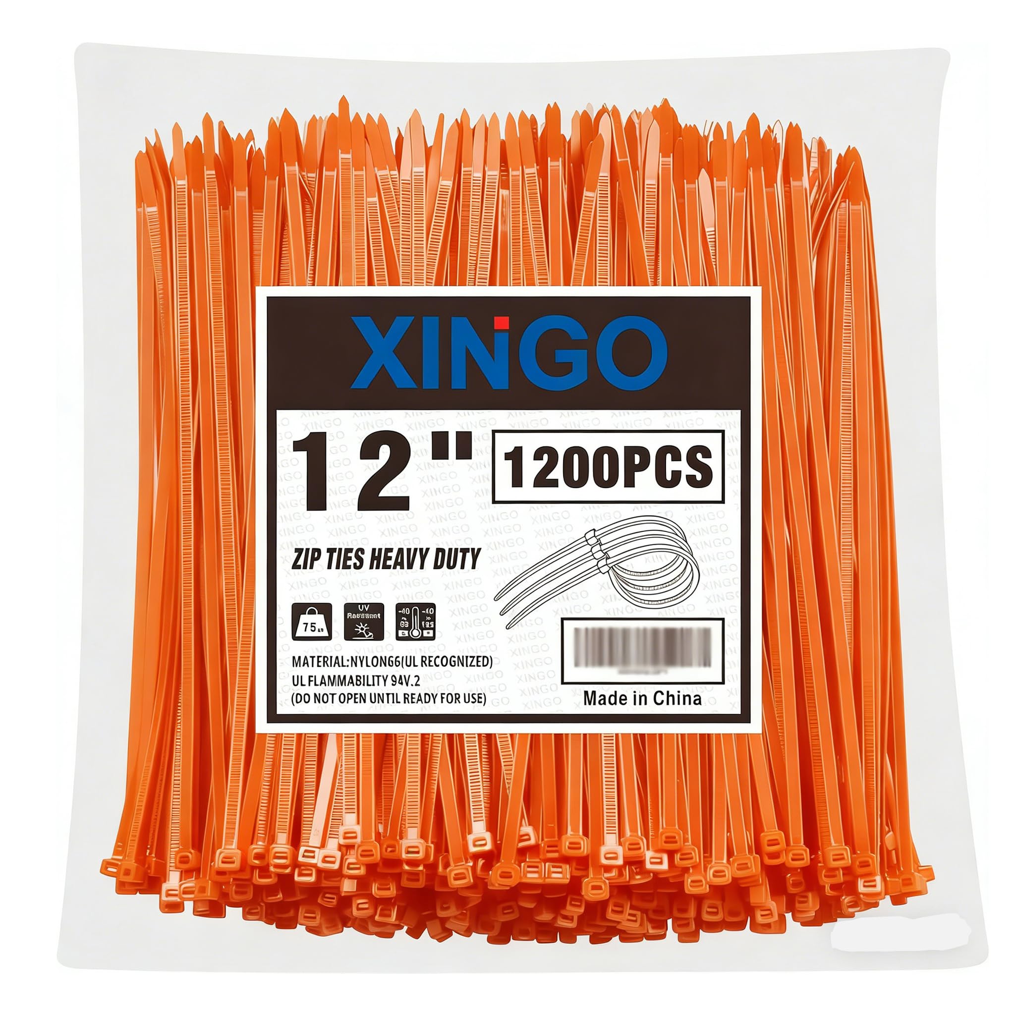 XINGO 12 Inch Orange Zip Ties 1200 PCS, 75 LBS Ultra Strong Tensile Strength, UV Resistant Cable Ties, Self-locking Plastic Ties for Indoor and Outdoor Use