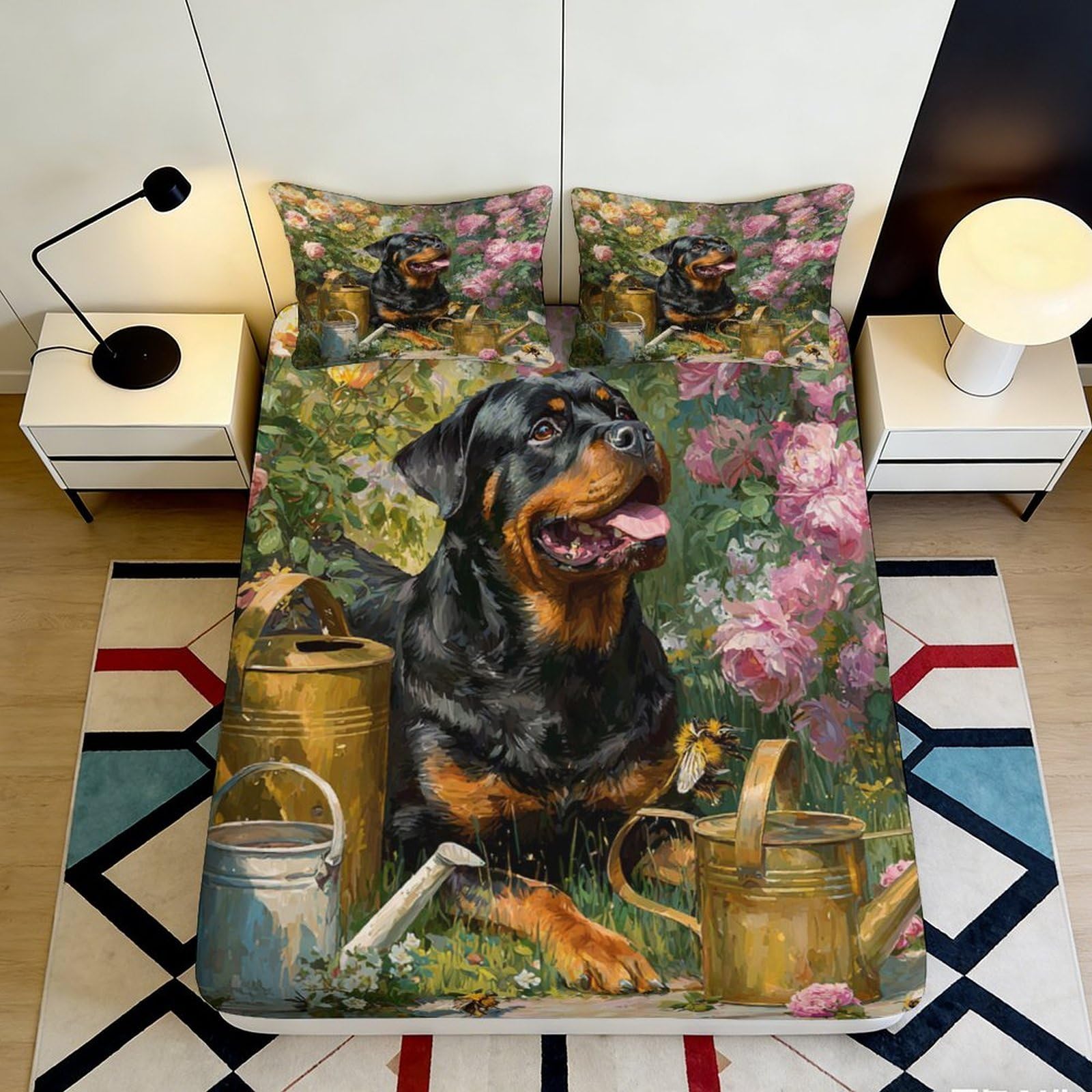 3D Printed Rottweiler Fitted Sheet, Floral Microfiber, wrinkle resistant, home decor, guest room bedding, easy care, stylish, bed cover for bedroom 90x200x25cm