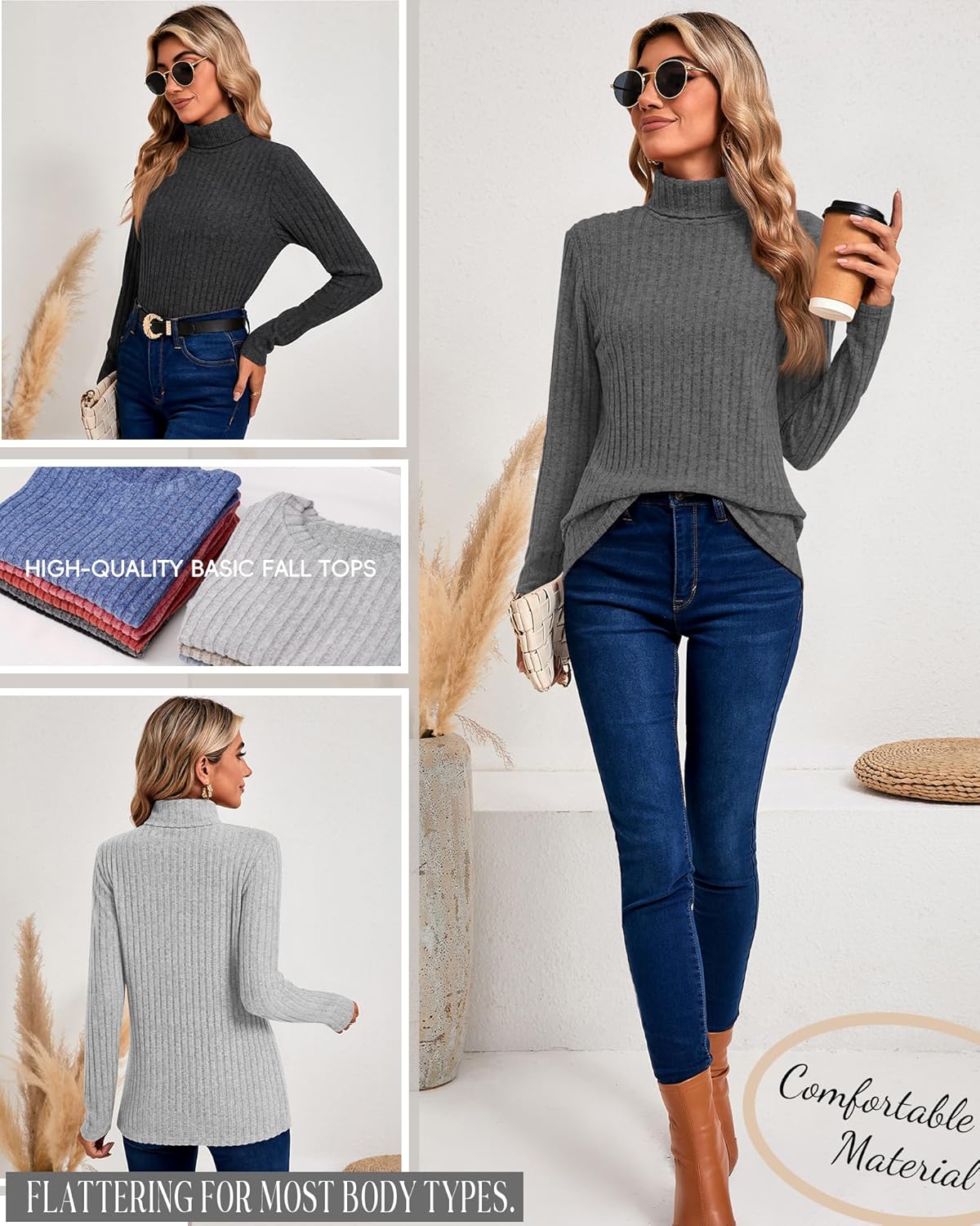 Ficerd 3 Pack Women's Turtleneck Sweater, Lightweight Long Sleeve Shirts Solid Color Tunic Tops Casual Slim Fitted Pullover - Image 4