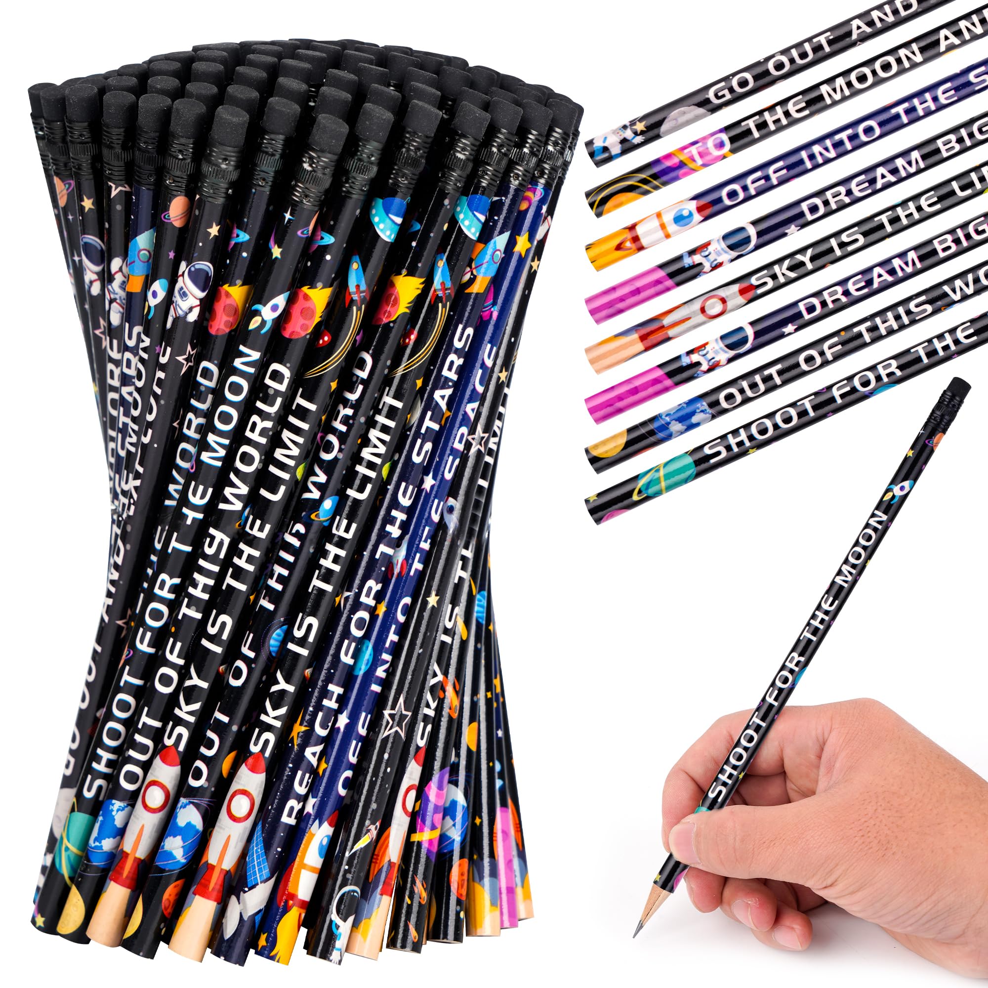 Kolewo4ever100 Pieces Space Theme Pencils Outer Space Pencils Fun Astronaut Pencils Planet Rocket Space Ship Pencils with Matching Eraser For Classrooms, Student Reward, Space Party Favors (100)