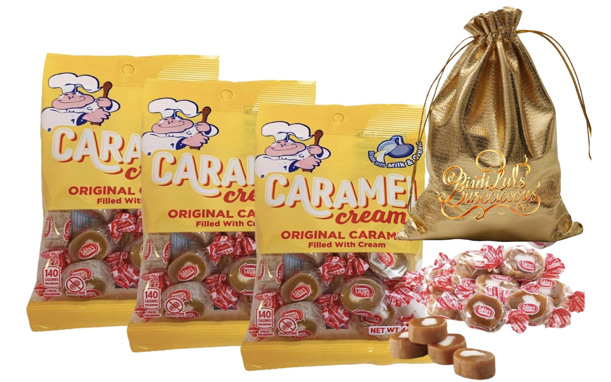 Generic Individually Wrapped Caramel Candy 3 bags | Made with Real Milk and Cream from Goetze Candy | BintiLucious Candy pocket Bag included.