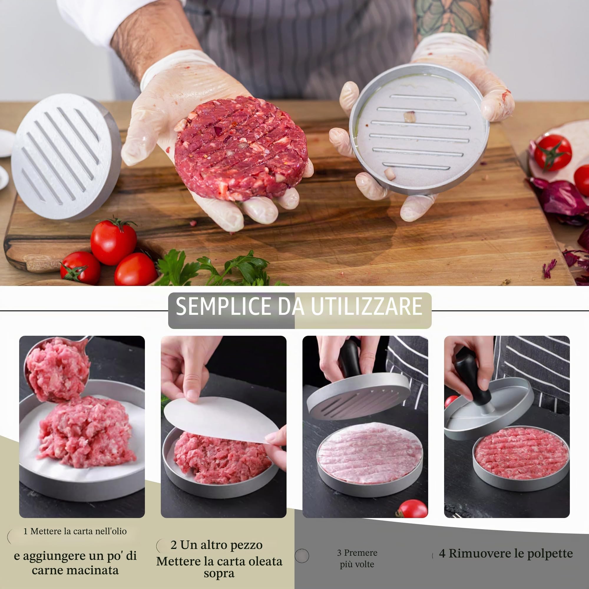 JUANSHI® Pressa per Hamburger con 100 Fogli di Carta da Forno Stampo per Hamburger Rivestimento Antiaderente Pressa per Hamburger, 12 cm Macchina per Hamburger (Argento)