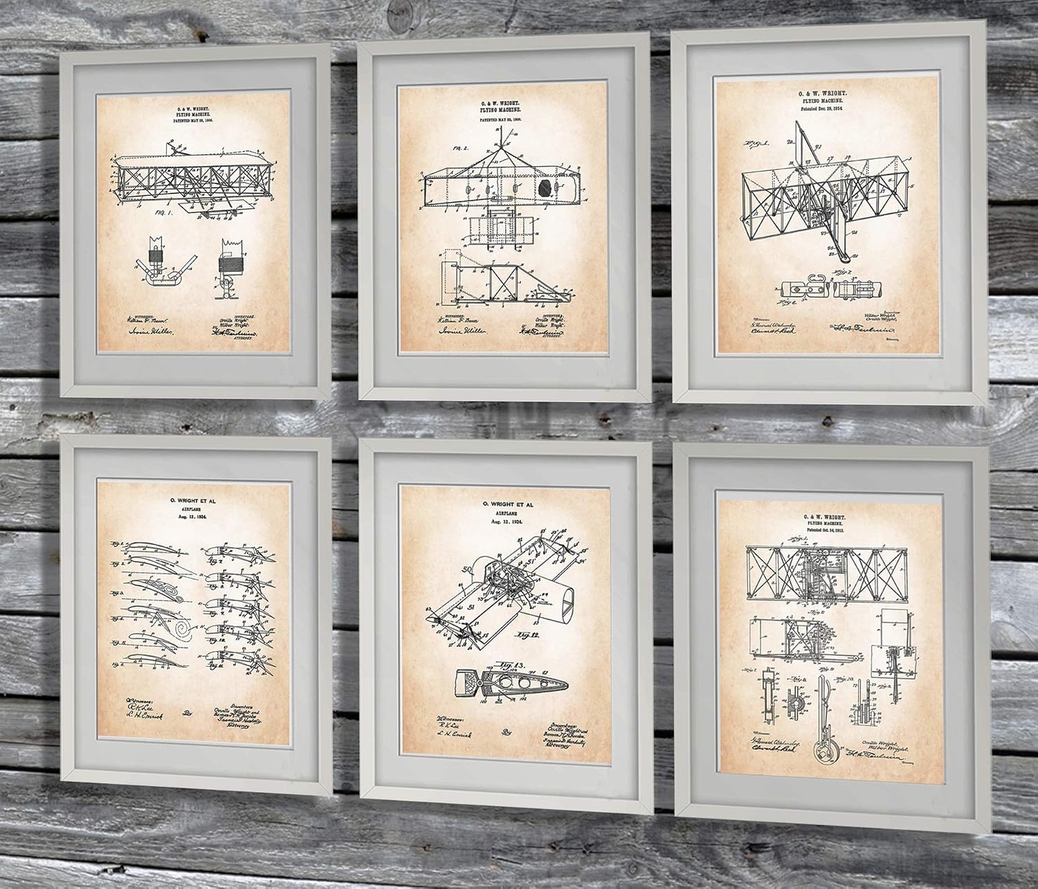 Vintage Wright Brothers Biplane Patent Wall Art Set of 6 Unframed Pilot Gift