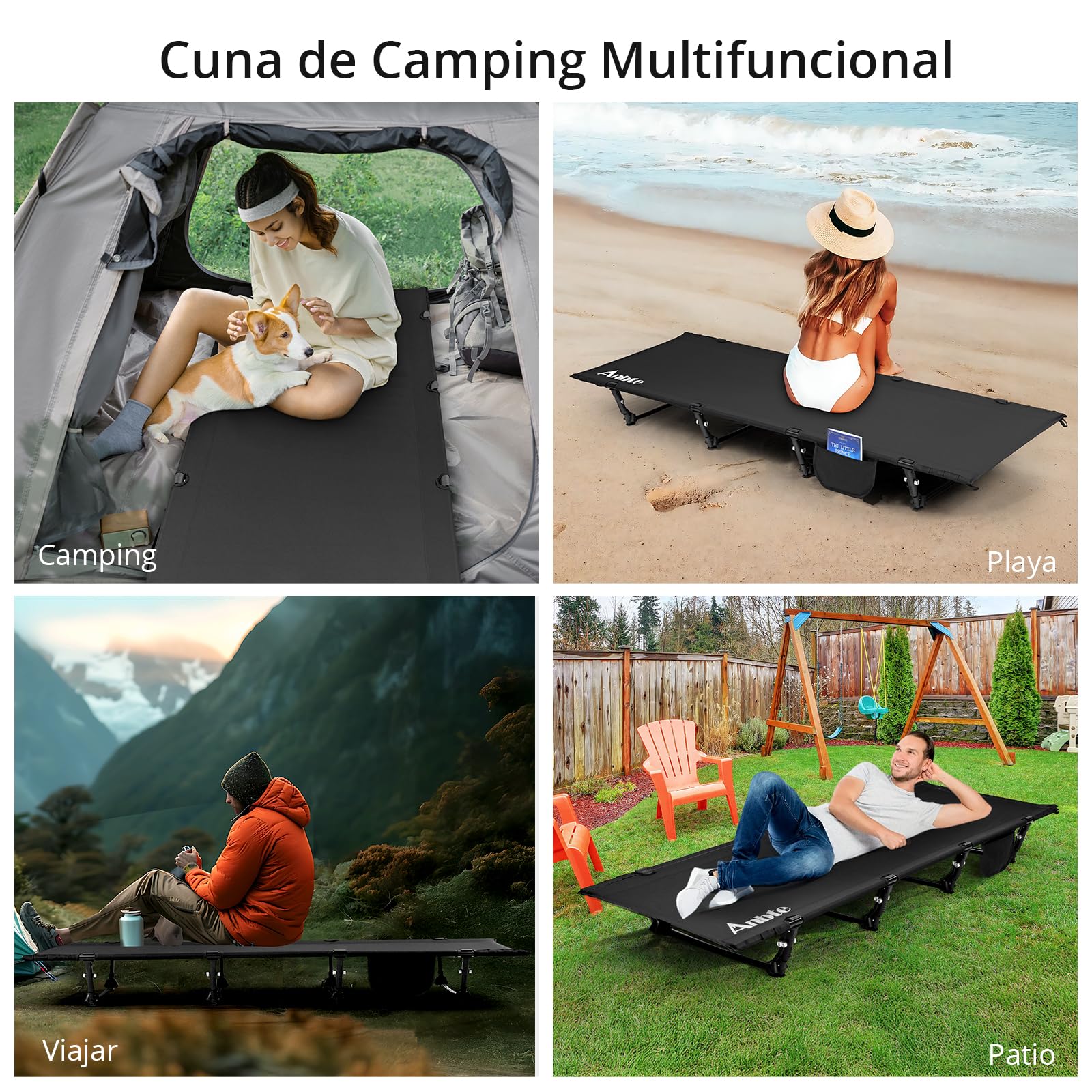 Anbte Cama de Camping Plegable 191 x 70 x 20 cm Cuna de Acampada Ultraligera Tubo de Aluminio con Capacidad de Carga de hasta 125 kg para Viajes, Playa, Jardín, Oficina, Interior y Exterior (Negro)