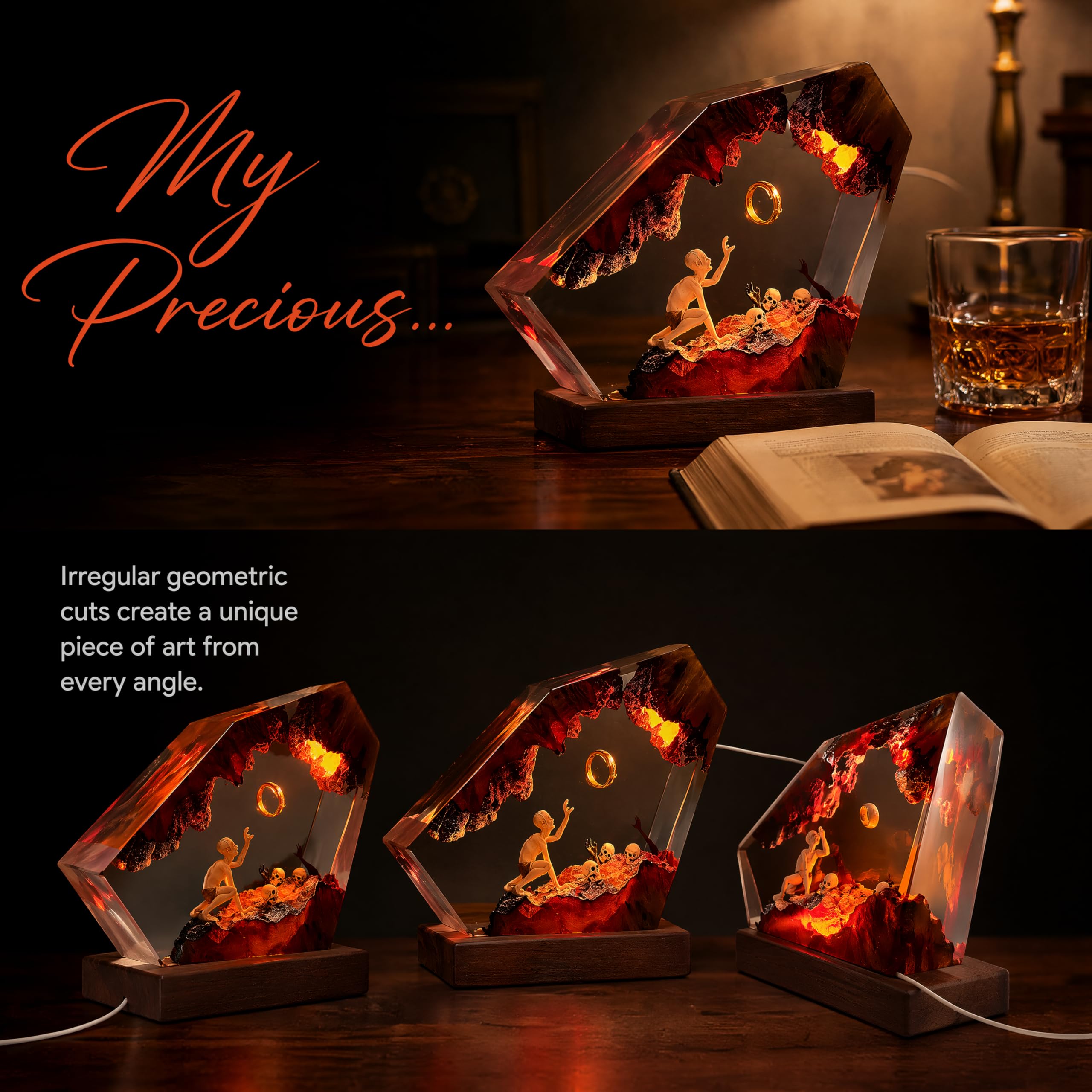 Lampada in resina epossidica, anello del Signore Oscuro, luce notturna a LED realizzata a mano in resina di legno massello, porta USB, decorazione per comodino della camera da letto, regalo di