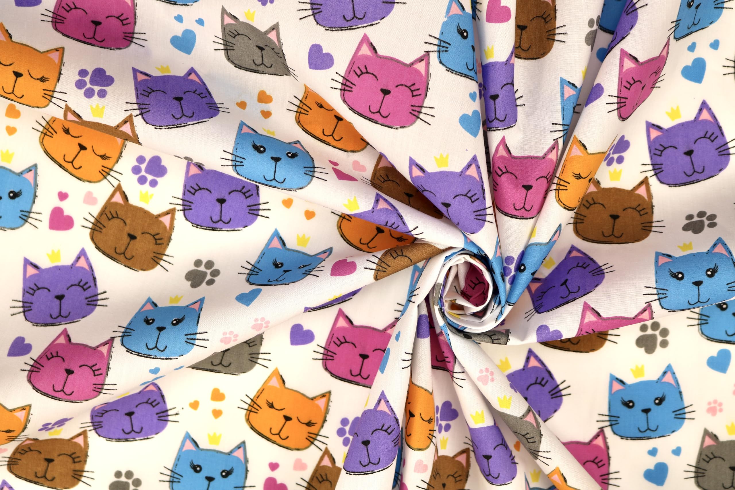 Pyrhan Printed Polycotton Poplin CAT | Cute Funny Crazy Sleepy Cats Printed Cotton Fabric by The Metre UK | 114 Cm | Crafting & Dressmaking Fabric | Dress Fabric Material for Sewing (Multi)