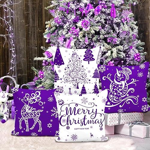 Miniatura 3 de Artmag Juego de 4 fundas de almohada de Navidad moradas de 16 x 16 pulgadas, decoración navideña, árboles, ciervos, muñeco de nieve, Feliz Navidad,