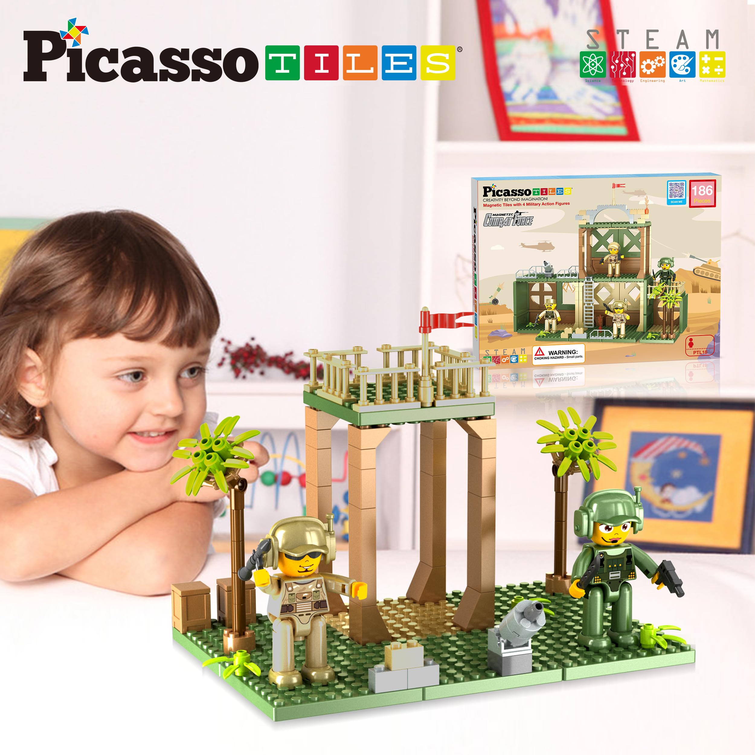 PicassoTiles Bloques de ladrillos de construcción de azulejos magnéticos con temática de fuerza de combate militar, juego de bloques de construcción, 4 figuras de acción de personajes con armas,