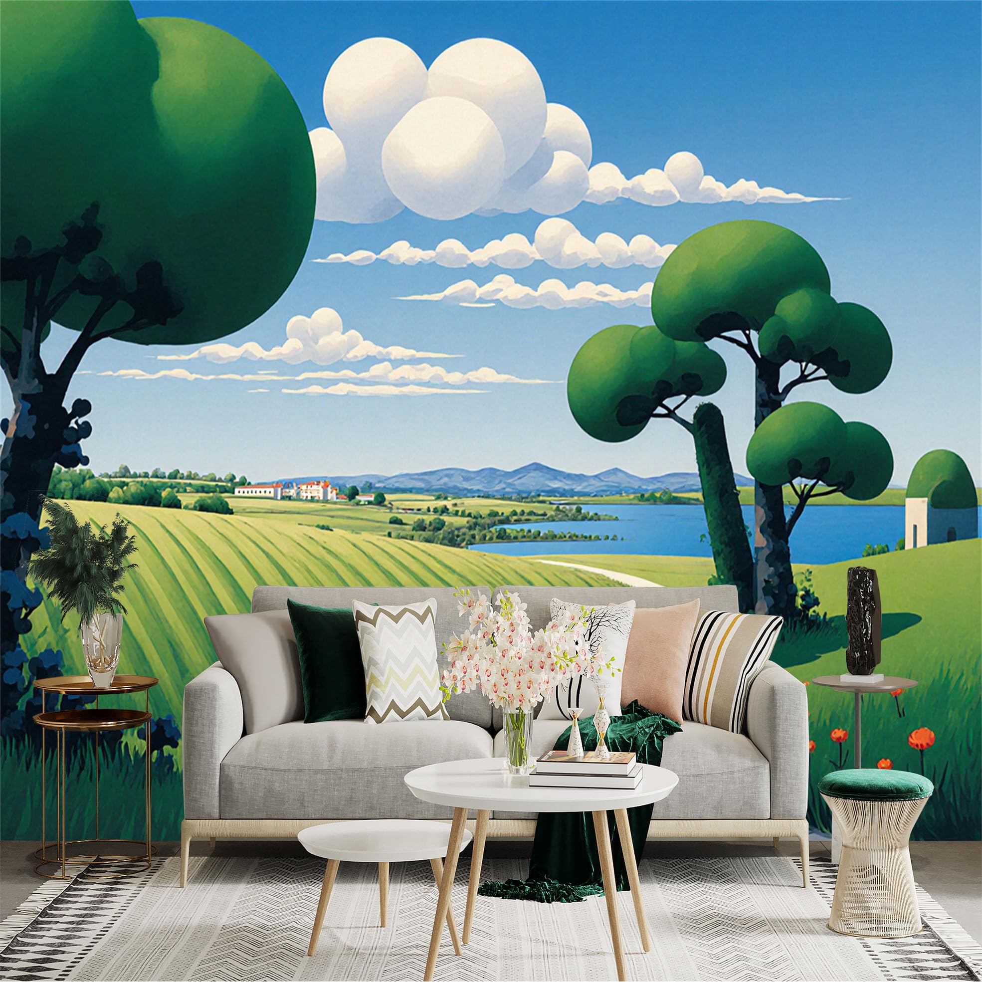 Custom Size Wall Sticker Mural， Countryside Landscape with Green Fields， Trees， Lake and Blue Sky， for wall Decoration， peelandstick wall Decals.