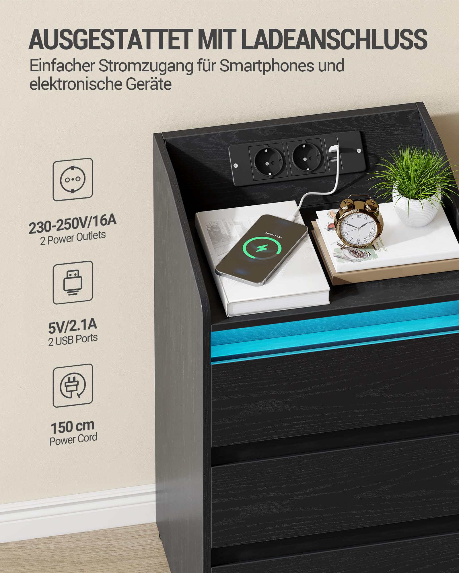 Hzuaneri Nachttisch 2er Set mit 3 Schubladen, Beistelltisch mit Ladestation und LED, 2 AC-Steckdosenund 2 USB-Anschlüsse für Schlafzimmer, Wohnzimmer, Schwarz NS40104X