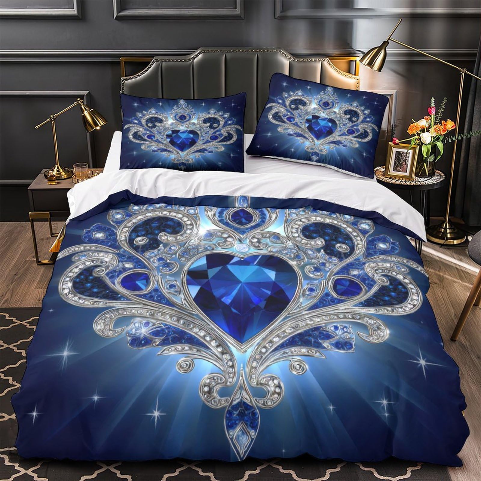 Parure de lit cœur bleu royal 135x200 pour ado avec housse de couette imprimée 3D et taie