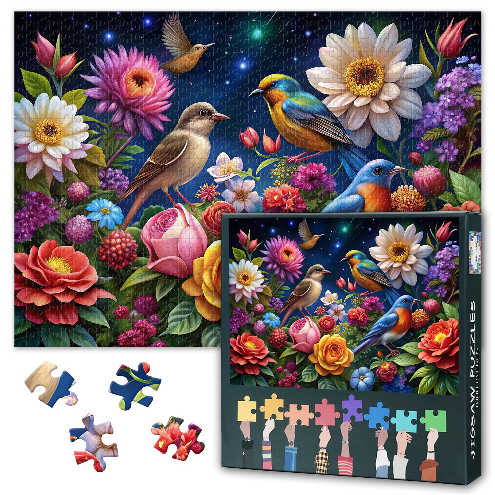Hummingbird Adults 1000 Piece Puzzle, Floral Plants Puzzles, Beautiful Birds Surrounded by Colorful Flowers Jigsaw Puzzle for Family Recreation - Friends Gift 27.5" x 19.6"