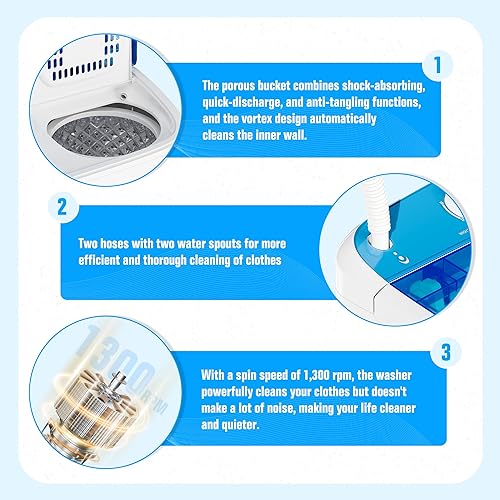 Miniatura 4 de Pataku Lavadora portátil, 21.6 libras, compacta mini lavadora y secadora, lavadora de lavandería de doble tina con ciclo de centrifugado, función de