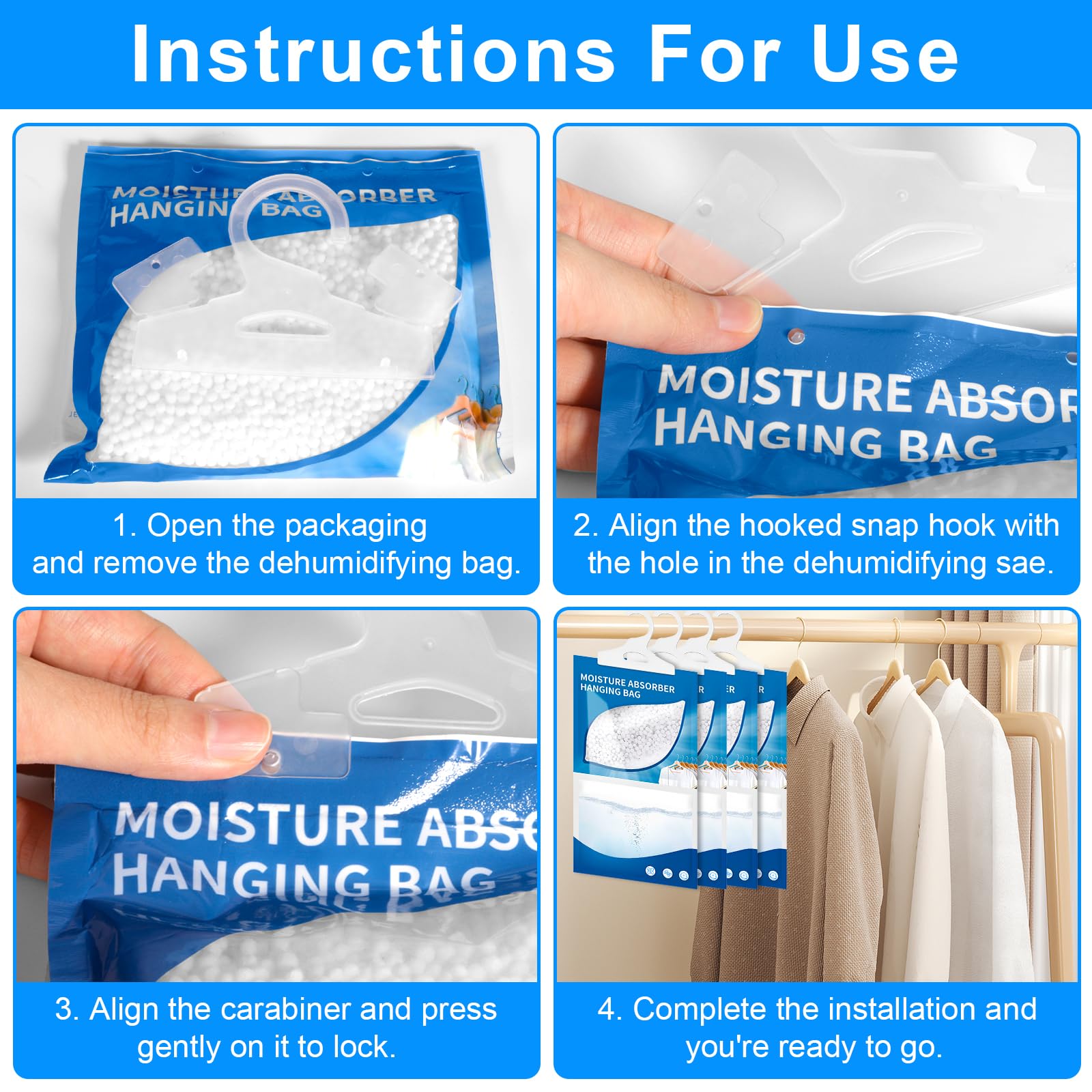 6 x 230g Absorbeur d'Humidité, Sachets Déshumidificateurs Suspendus pour Placard, Set Anti-Moisissure et Humidité pour Cuisine, Salle de Bain, Garde-Robe, Voiture, Élimine les Odeurs