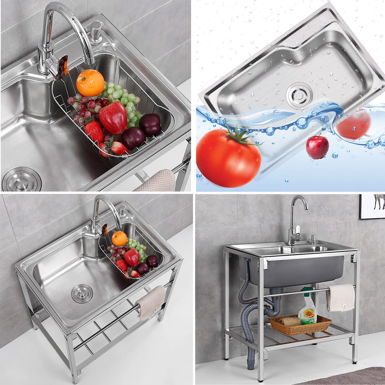 Lavello Cucina Commerciale TAITUTE Mobile Lavello Acciaio Inox Con Supporto 1 Vasca Inossidabile Con Rubinetto Acqua Calda E Fredda Per Garage Ristorante Lavanderia Interni Ed Esterni,71x45x75cm