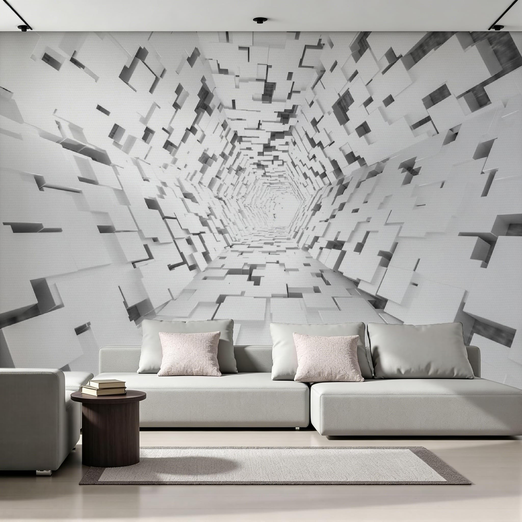 Papier peint intissé mat tunnel 3D pour agrandir une petite pièce sombre et salon sans volume