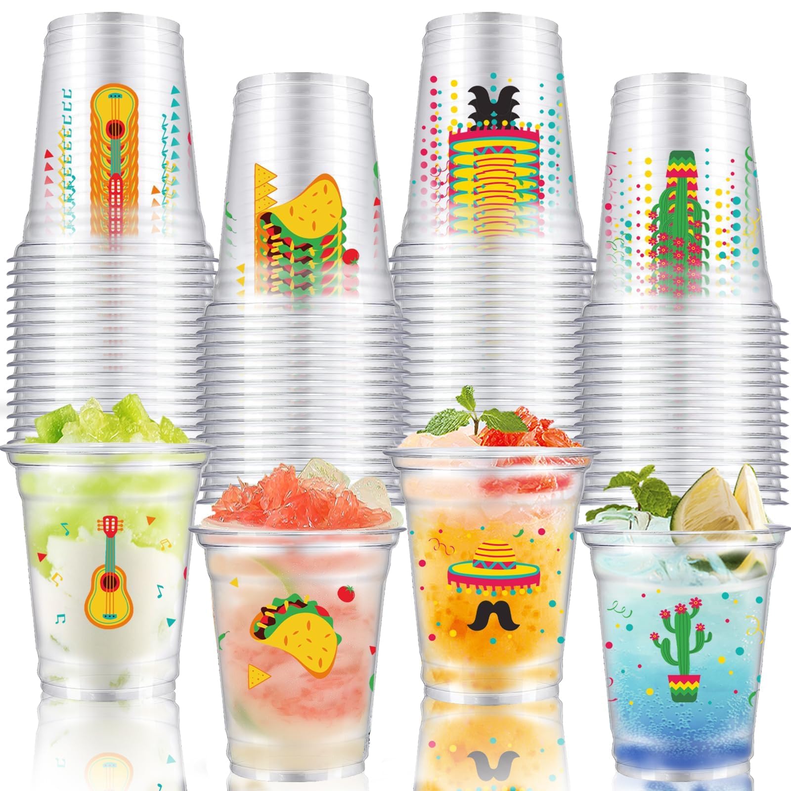 50 Pcs Fiesta Theme Cups 12 oz Drinking Cups Cinco De Mayo Party Decorations Mexican Disposable Clear Plastic Cup for CSummer Pool Mexicana Birthday Party Supplies