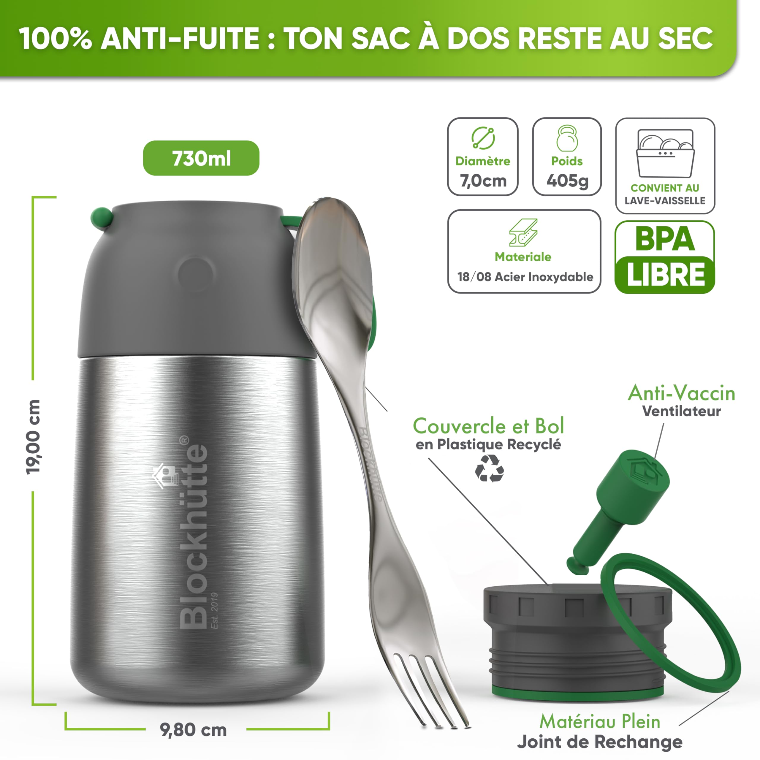 Blockhütte Thermos isotherme 730ml En inox Avec Cuillère et Fourchette - Thermos Alimentaire Chaud idéal Pour Le Travail - Boite Alimentaire isotherme Avec Sac de Transport - Lave-Vaisselle