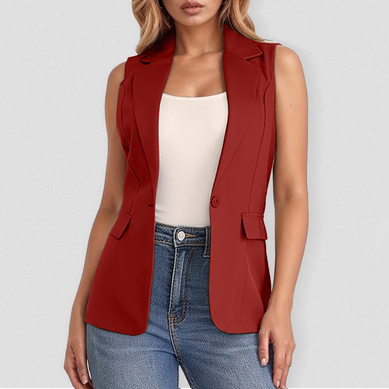 Generisch Ärmelloser Damenmantel Einfarbig Cardigan Jacke mit Taschen Lässige Business für Büro Alltag Elegante Übergangskleidung Leichte Weste