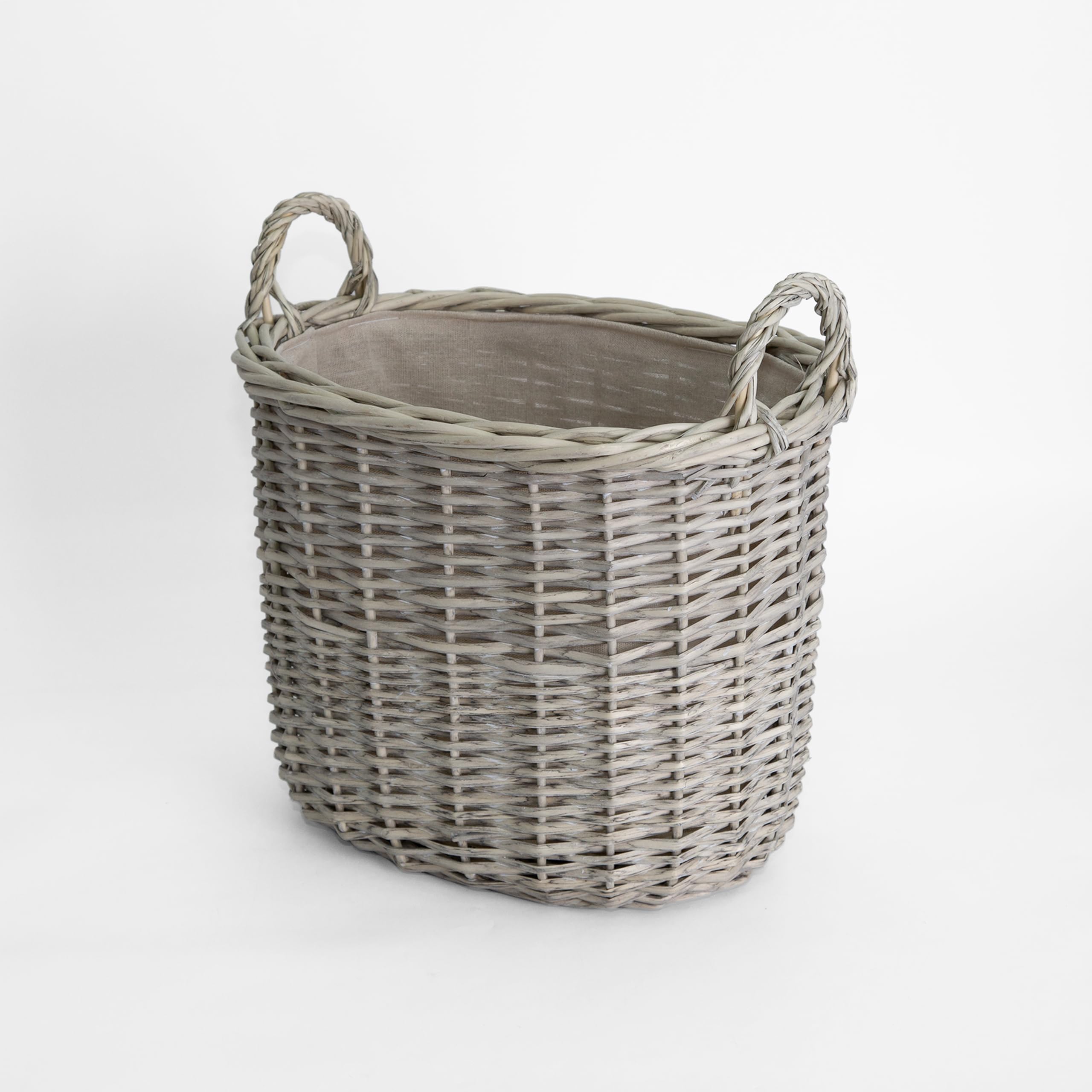 Wickerfield Grey Wash Wicker Storage Basket, Wicker Log Baskets With Handle & Lining, Willow Storage Basket For Laundry Toys Blankets Logs (Oval, Small)