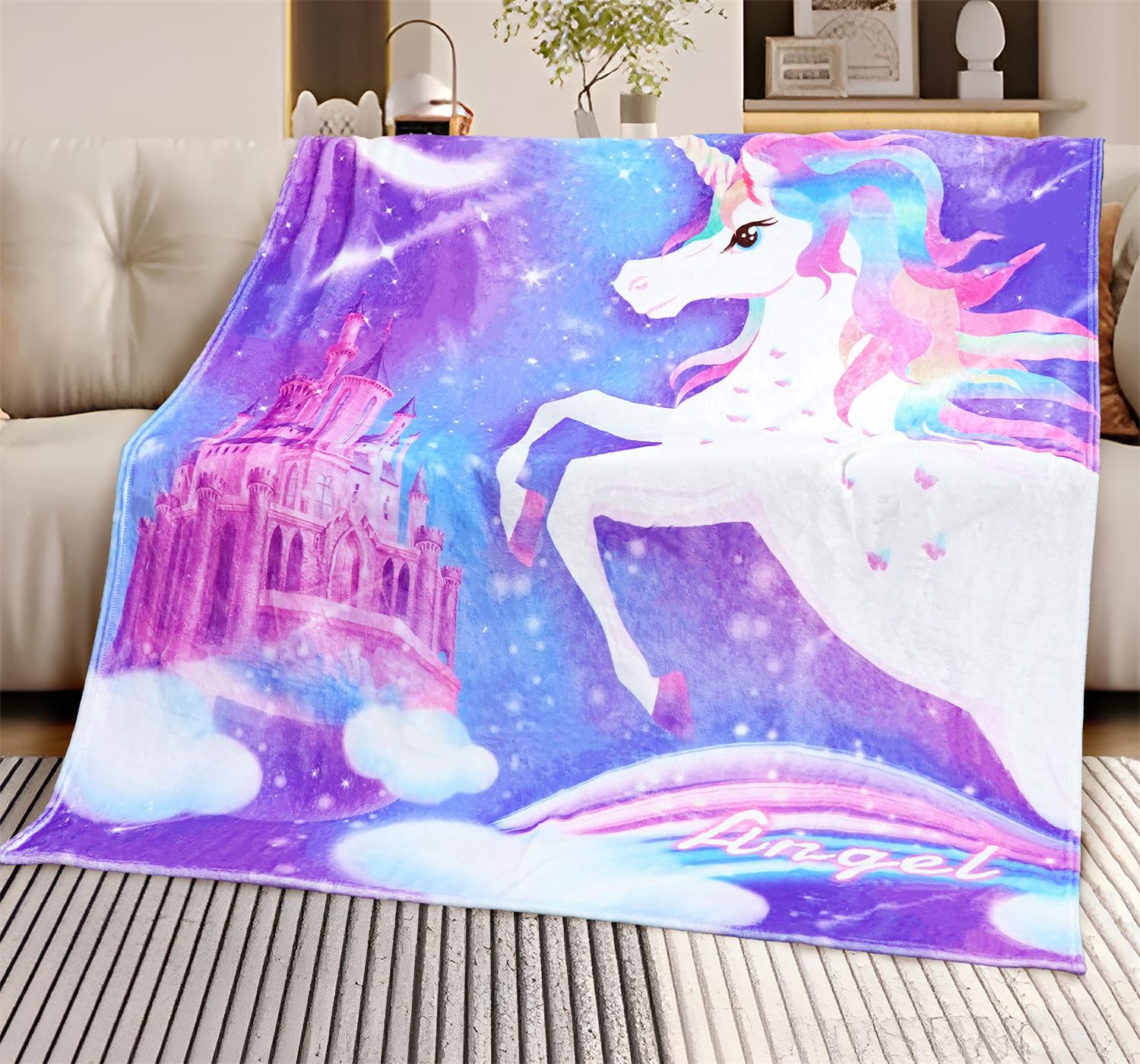 Personalized Custom Baby Blanket with Name, Unicorn Angel Design - Girls' Throw Blanket for Christmas, Easter, Birthday Gifts