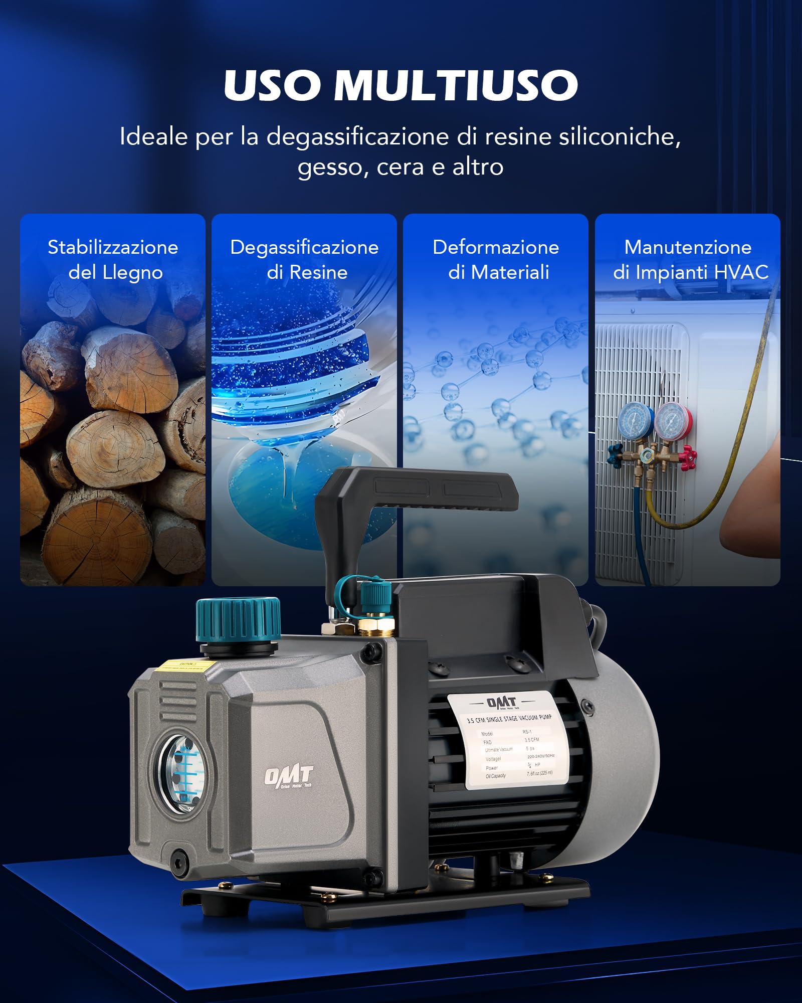 Orion Motor Tech 7.6L Camera a Vuoto 100 L/min con 3.5 cfm Pompa, 186W Pompa con Camera Vuoto Coperchio in Vetro, Camera di Degasaggio Sottovuoto per e Degasaggio di Resina Siliconica