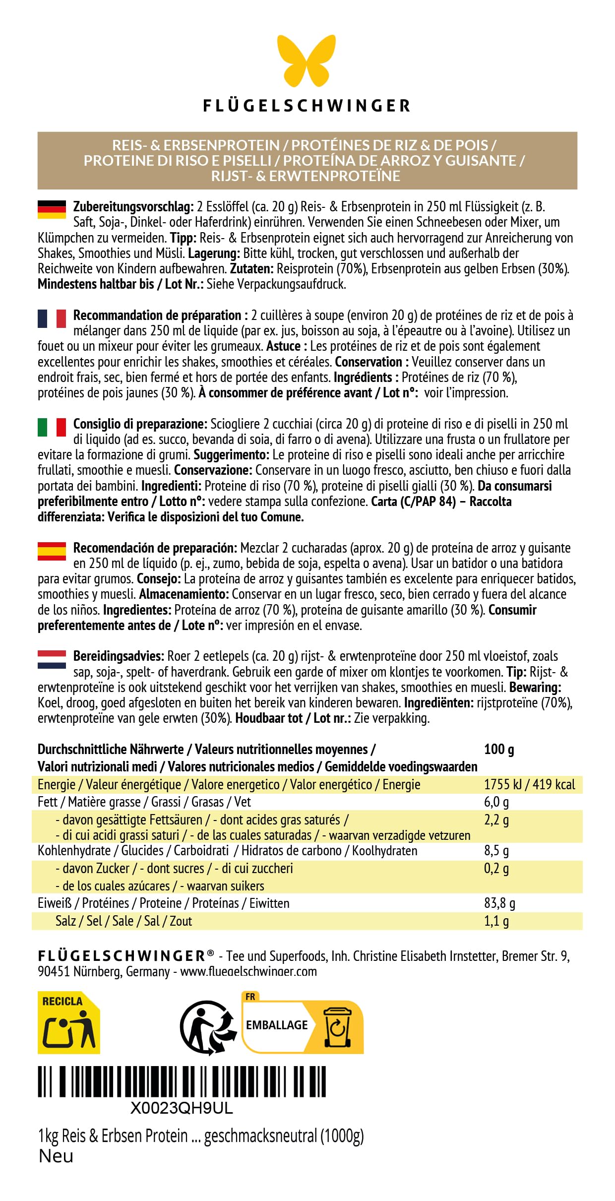 1 kg Proteine di riso & pisello 7:3, 83,8% proteine, senza additivi, 70% proteine di riso & 30% proteine di pisello, naturalmente vegano, senza lattosio & senza soia, gusto neutro (1000 g)