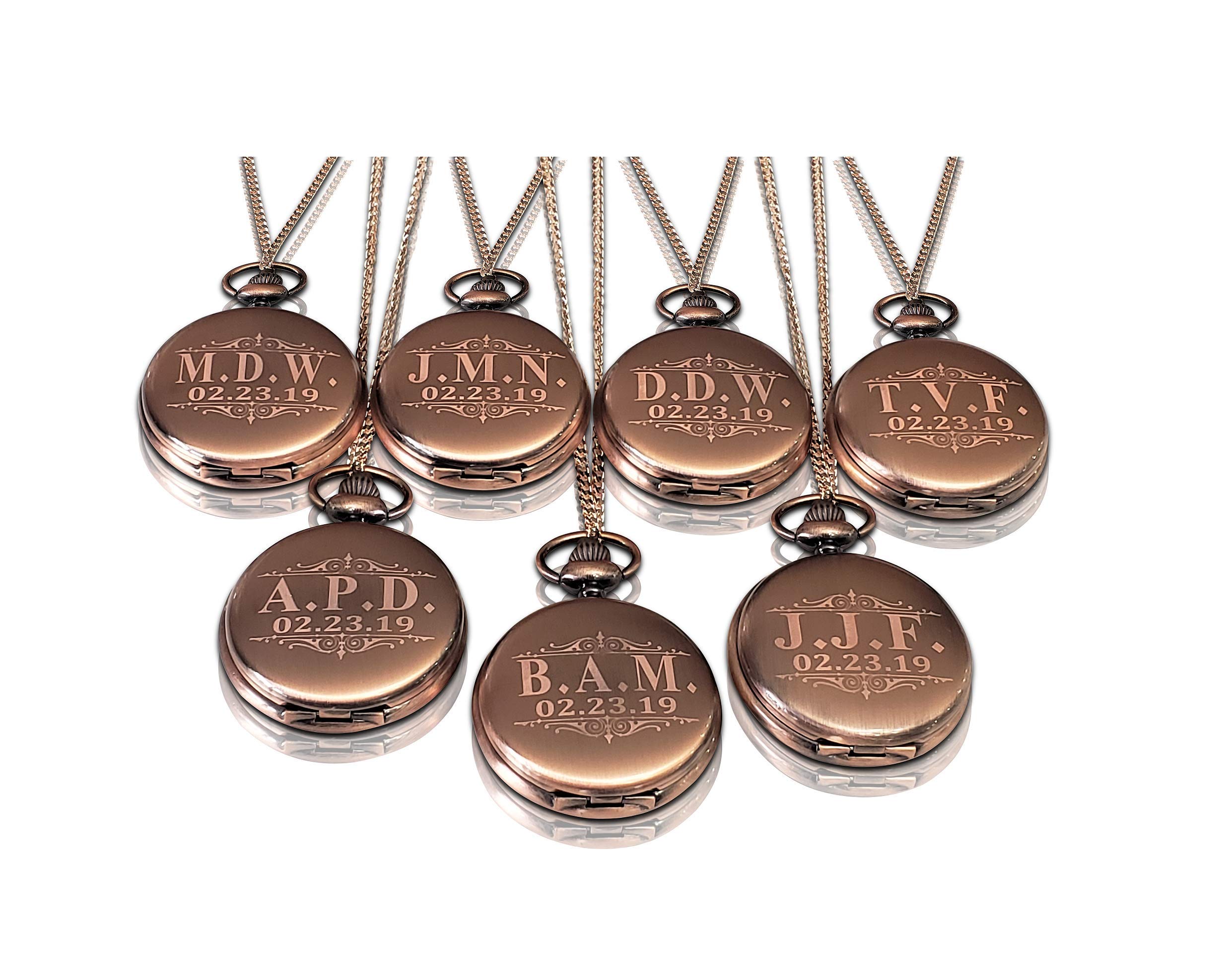 Personalized Pocket Watches Set of 7 Groomsmen Wedding Unique Gifts, Chain, Box and Engraving Included, Comes in 4 Colors (Rose Gold)