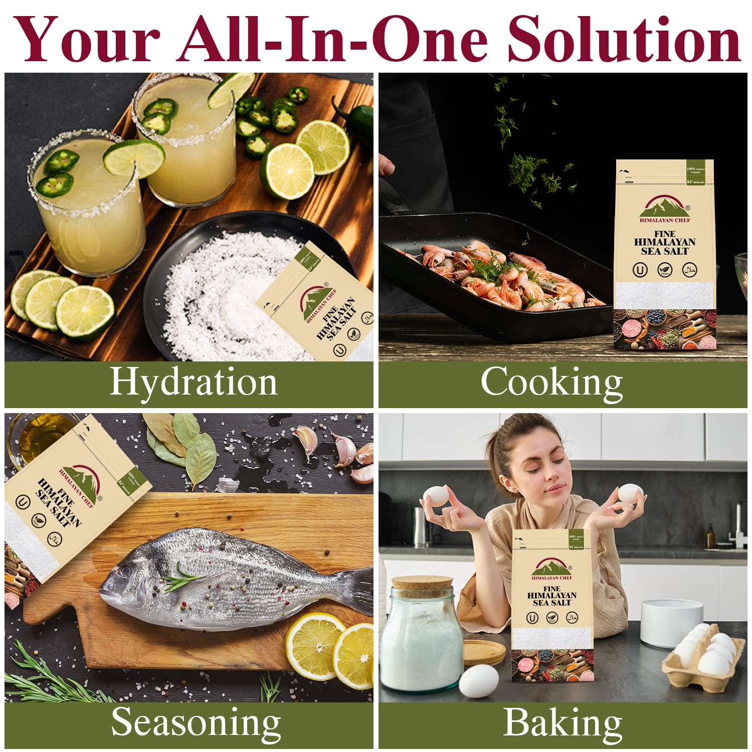 Himalayan Chef Sea Salt, All-Natural Fine Grain, 192 Ounce Sea Salt, Non-Iodized, No Additives, Unrefined Mineral Salt for Daily Cooking, 3 lbs/Each Bag, Pack of 4