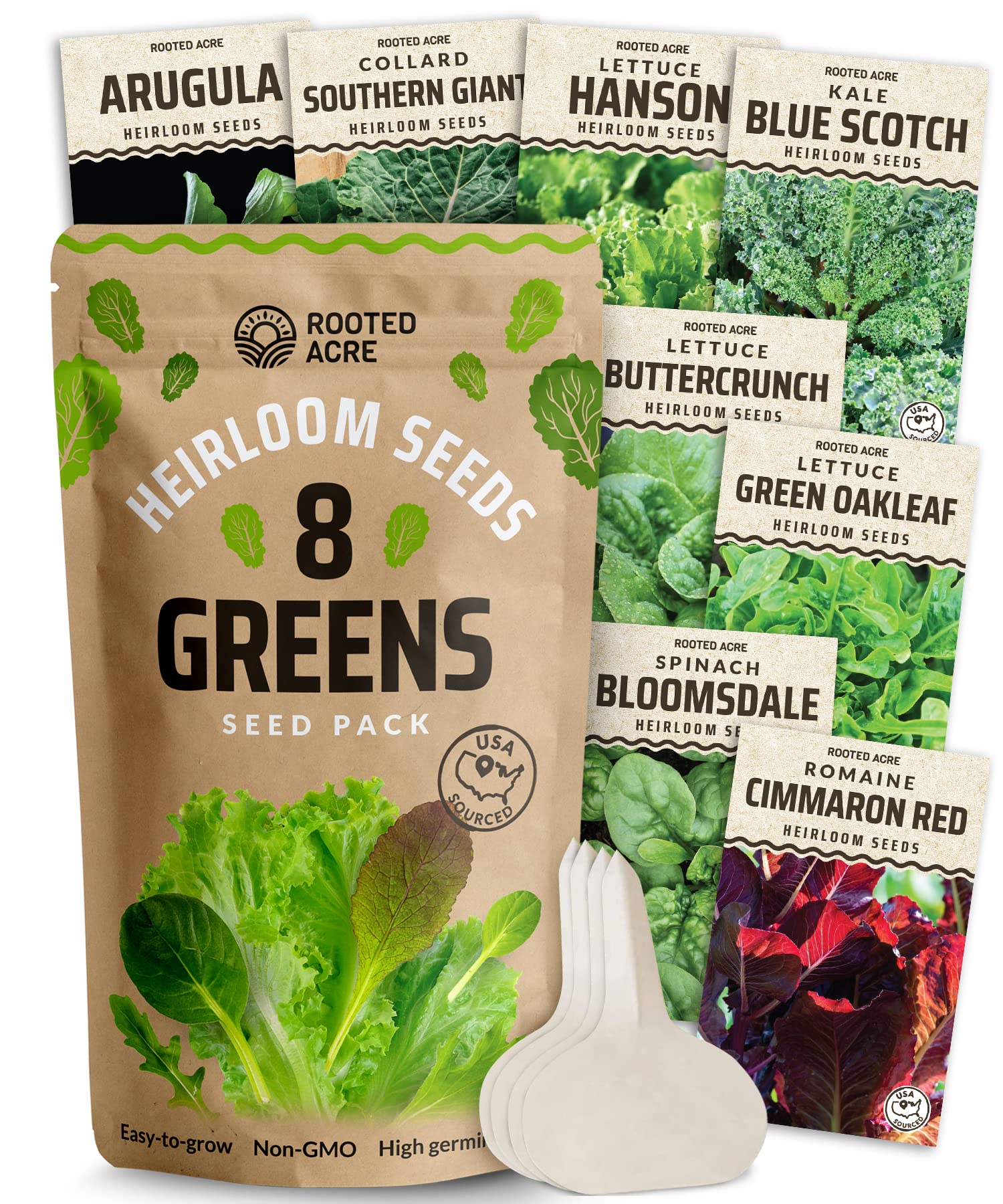 Rooted Acre 8 Lettuce & Greens Seed Vault - 1200 Non-GMO, Vegetable Heirloom Seeds for Planting Indoor or Outdoor - Hydroponic Garden Seeds - Salad Greens Mix - Spinach, Kale, Lettuce, and More
