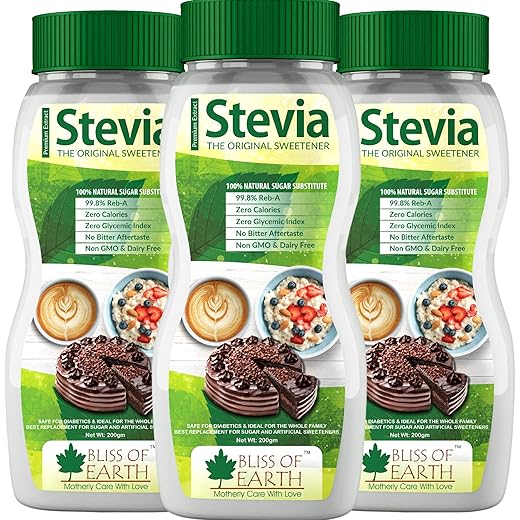 Bliss of Earth Stevia Powder, Organic Sugar Free Zero Calorie Sweetener Diabetic and Keto Friendly 99.8% Purity Vegetarian Gluten Free Quick Dissolve (200 gm (Pack of 3))