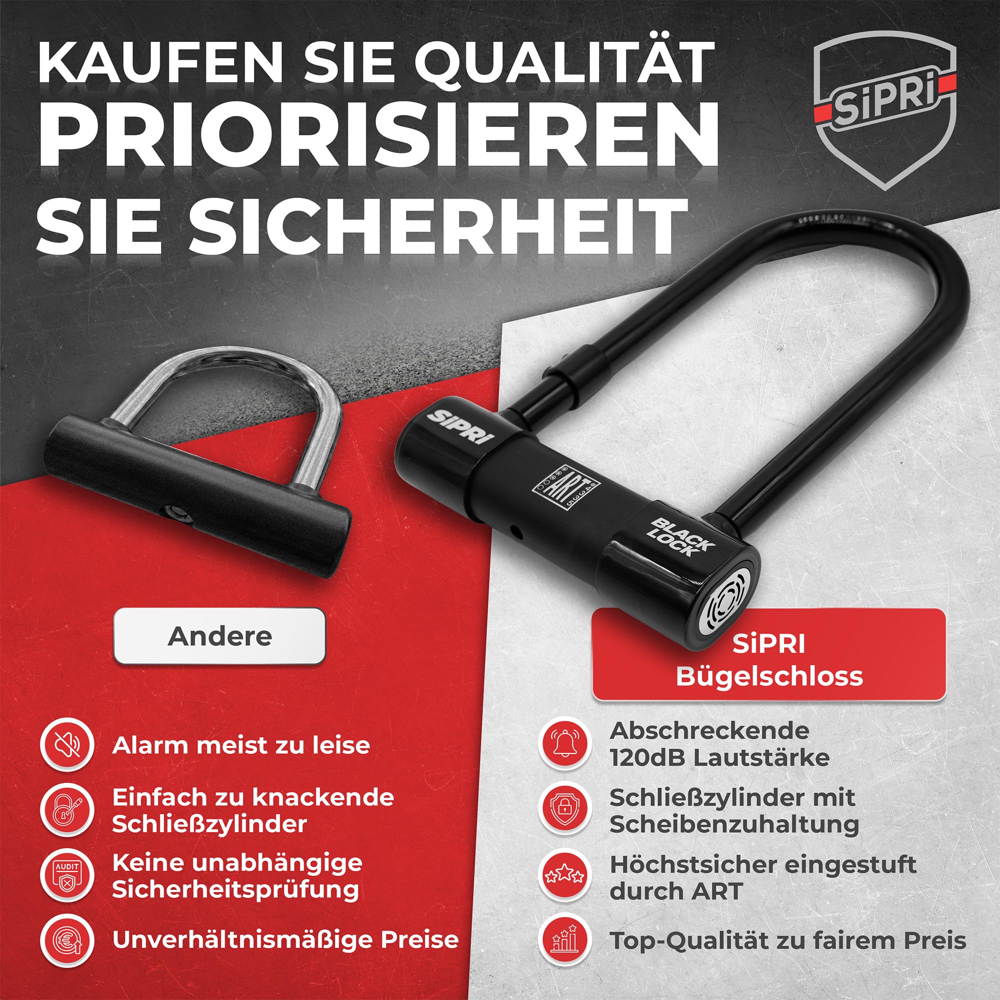 SIPRI® Fahrradschloss mit Alarm 120 dB | Gehärtetes Bügelschloss für E-Bike | E-Scooter & Motorrad | 14 mm Stahl | 230 mm | wetterfest | Diebstahlschutz | Schloss mit Schlüssel | robust & sicher