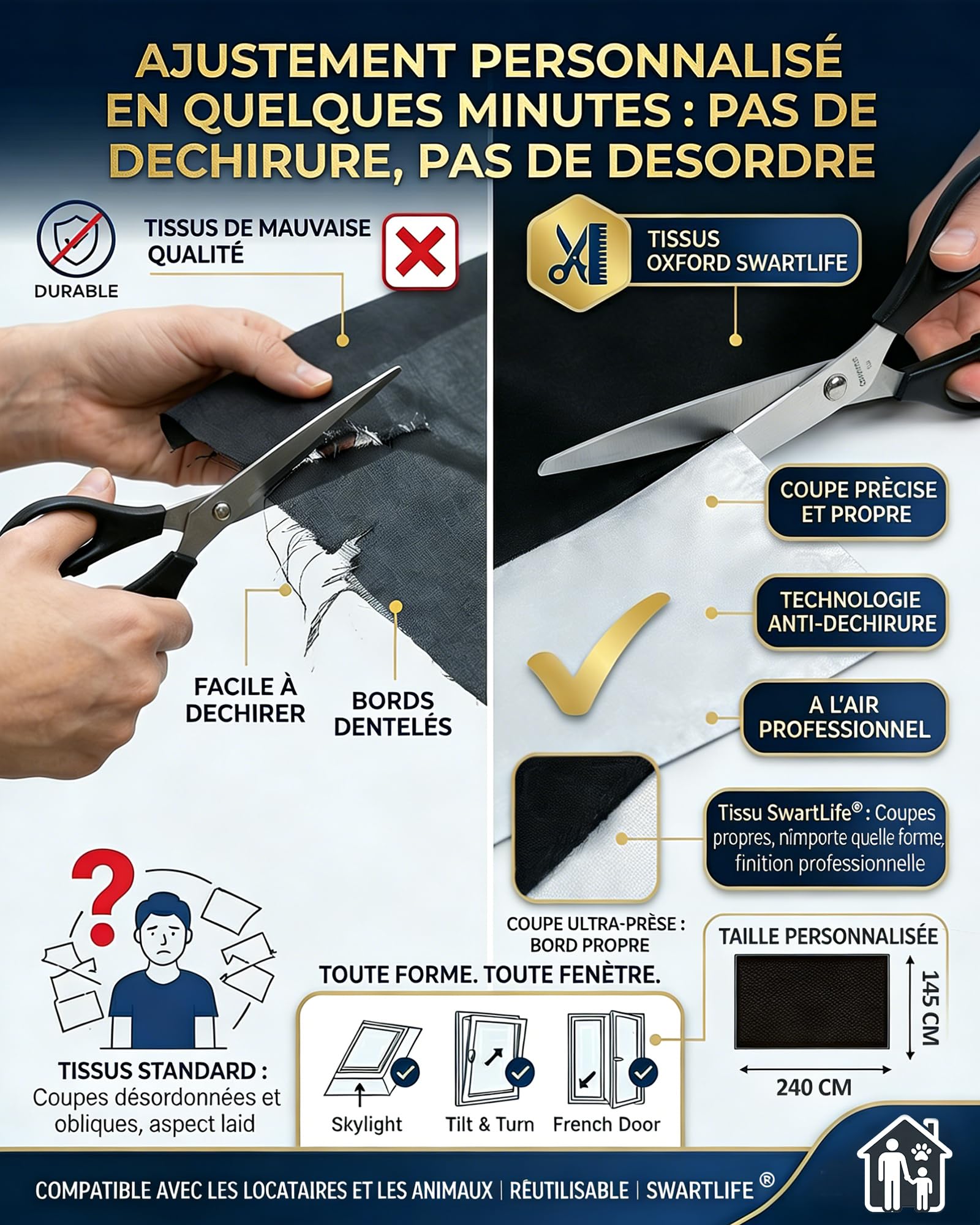 Occultant sans Perçage 240x145 cm Ventouses Auto-adhésif Fenêtre Protection Solaire Intérieure
