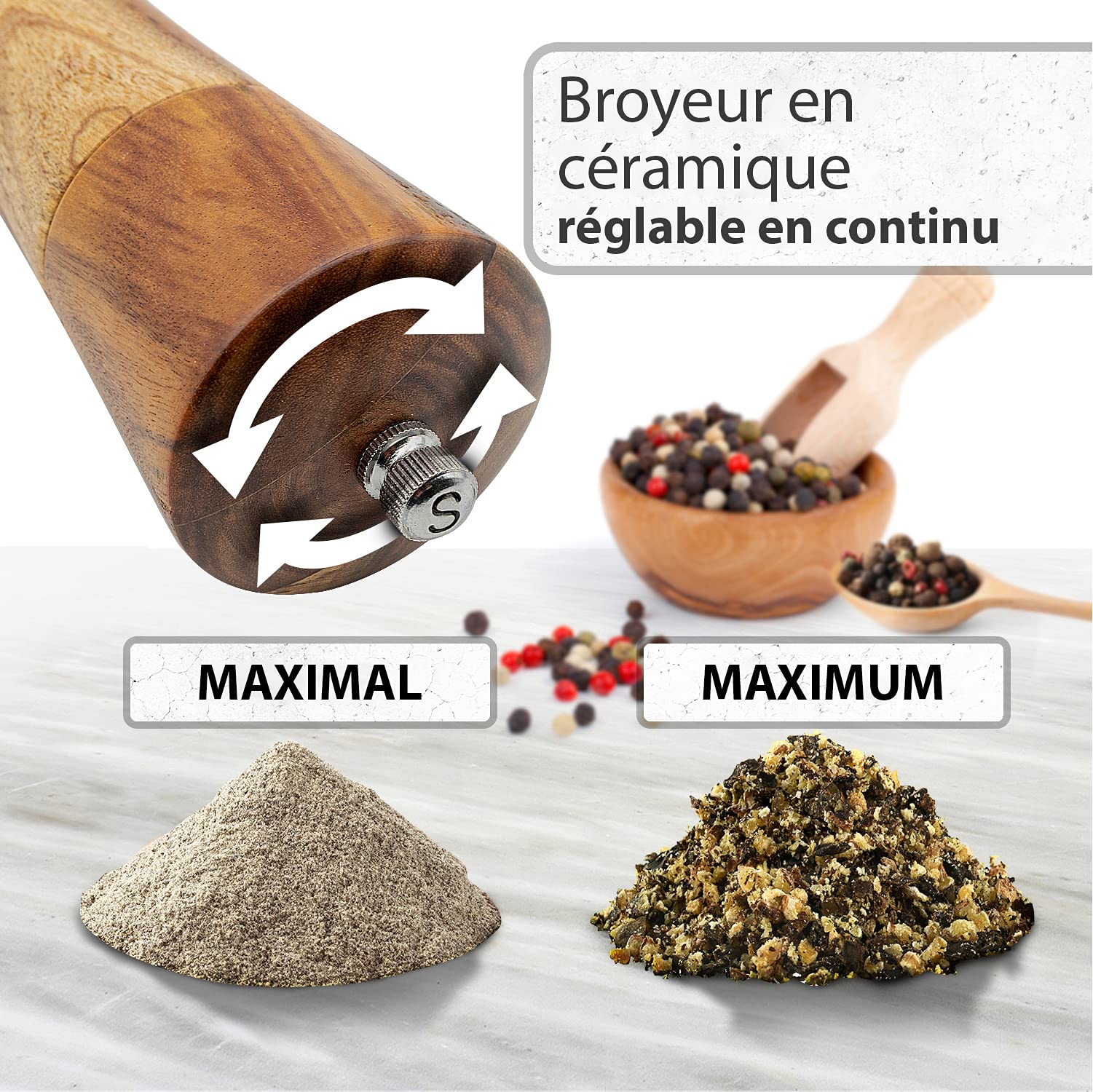 Set de Moulin à Poivre et à Sel en Bois d'Acacia - Salières et Poivrières Manuelles, Rangement et Organisation de Cuisine – 21 cm