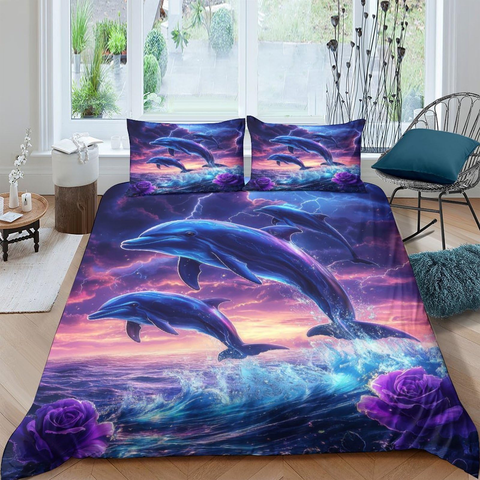 XFKLYNVCJ 3D Printed Dolphin jump Quilt Cover Polyester Fantasy ocean scene Comforter Cover Soft Breathable No Iron Friends Home Guest Room Use King（220x240cm）